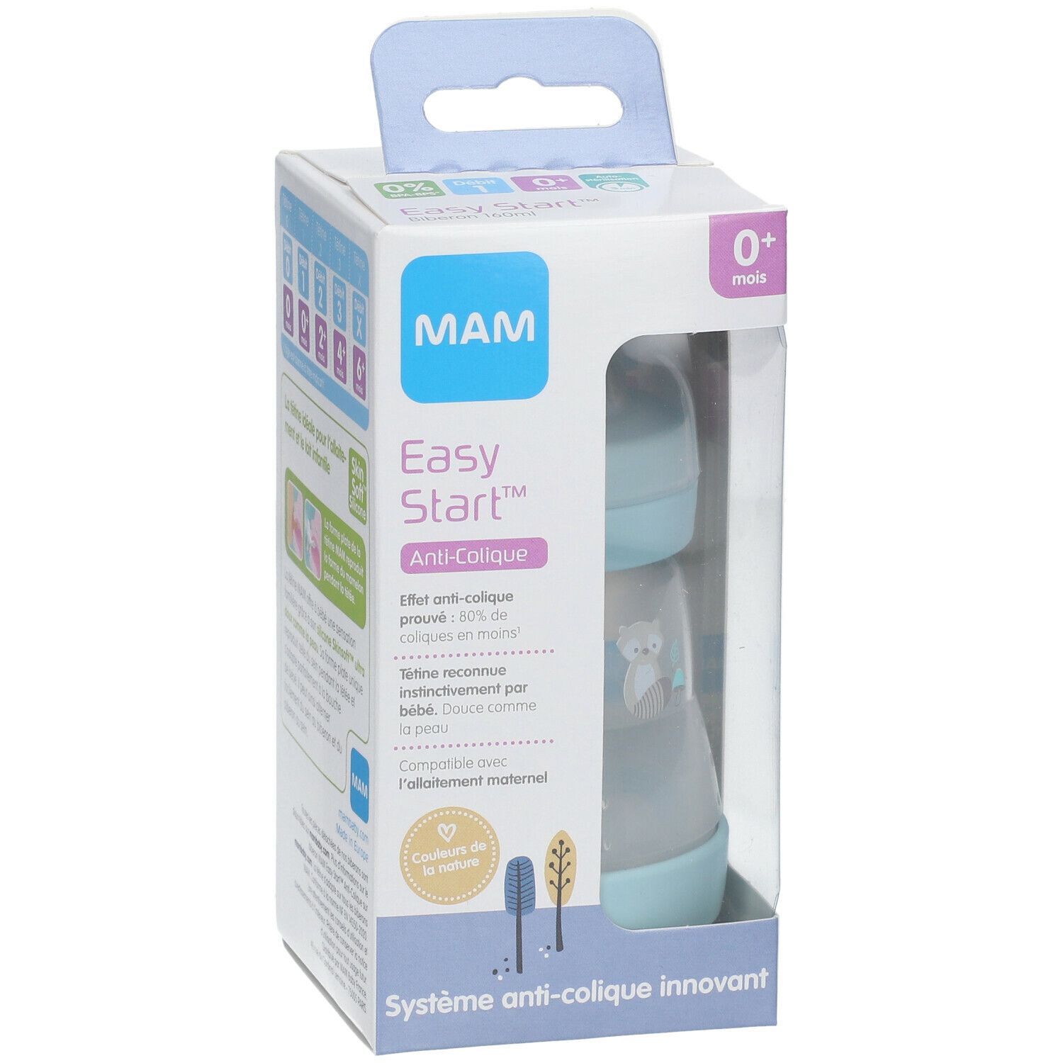 Biberon MAM Easy Start Anti-Colique dans son emballage. Biberon bleu clair avec motif. Emballage avec informations et graphiques.