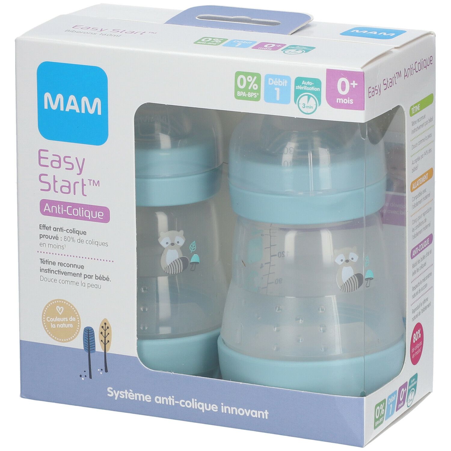 Deux biberons bleus clairs dans un emballage. Graduation et motif animalier visibles. Logo MAM et inscription Easy Start Anti-Colique.