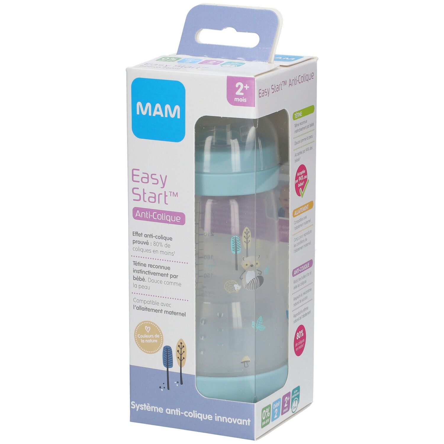 Biberon dans son emballage. Biberon bleu clair avec corps transparent. Inscriptions : MAM, Easy Start Anti-Colique, 2+ mois.