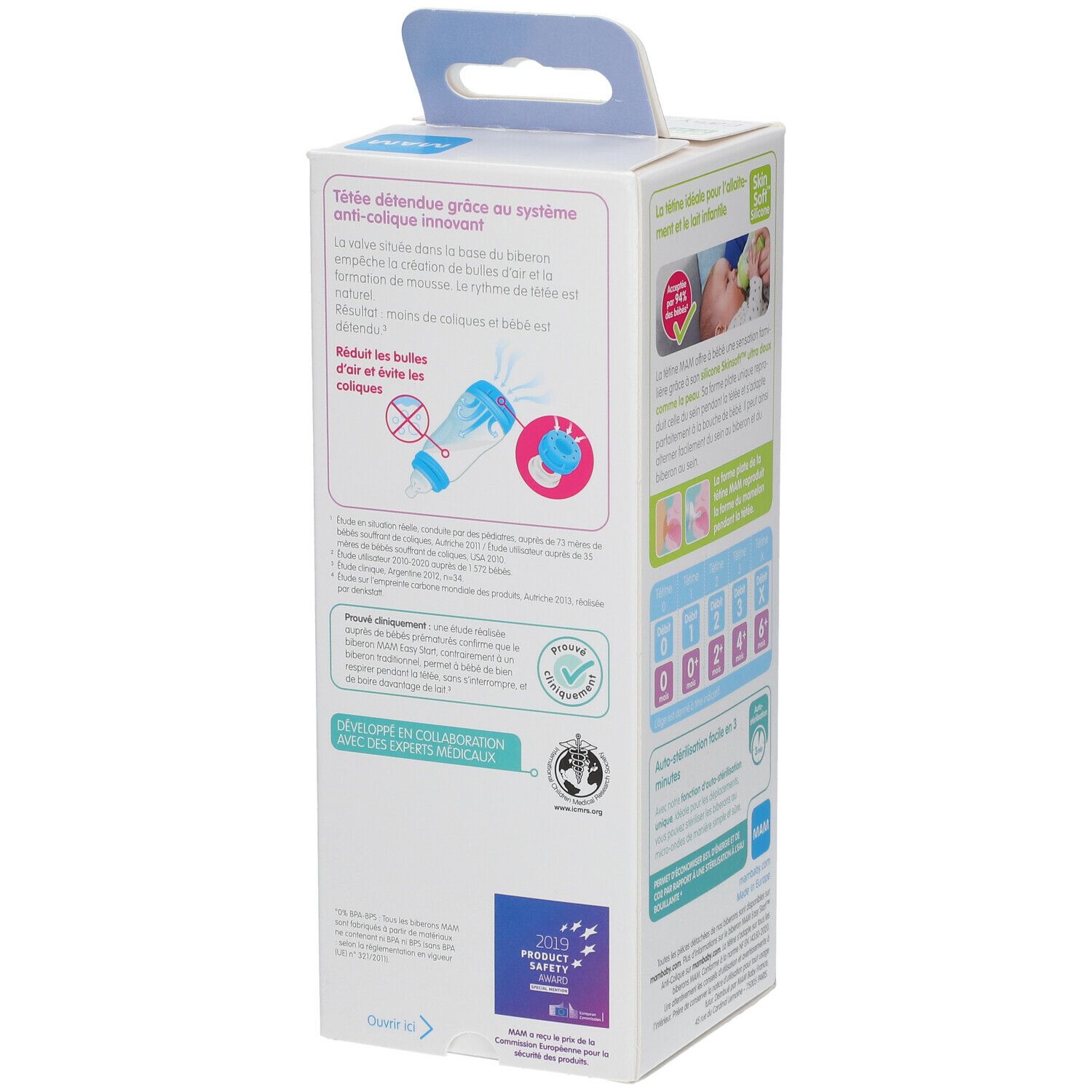 Dos de l'emballage. Schémas et texte multilingue. Nom du produit : MAM Easy Start Anti-Colique. Certifications.
