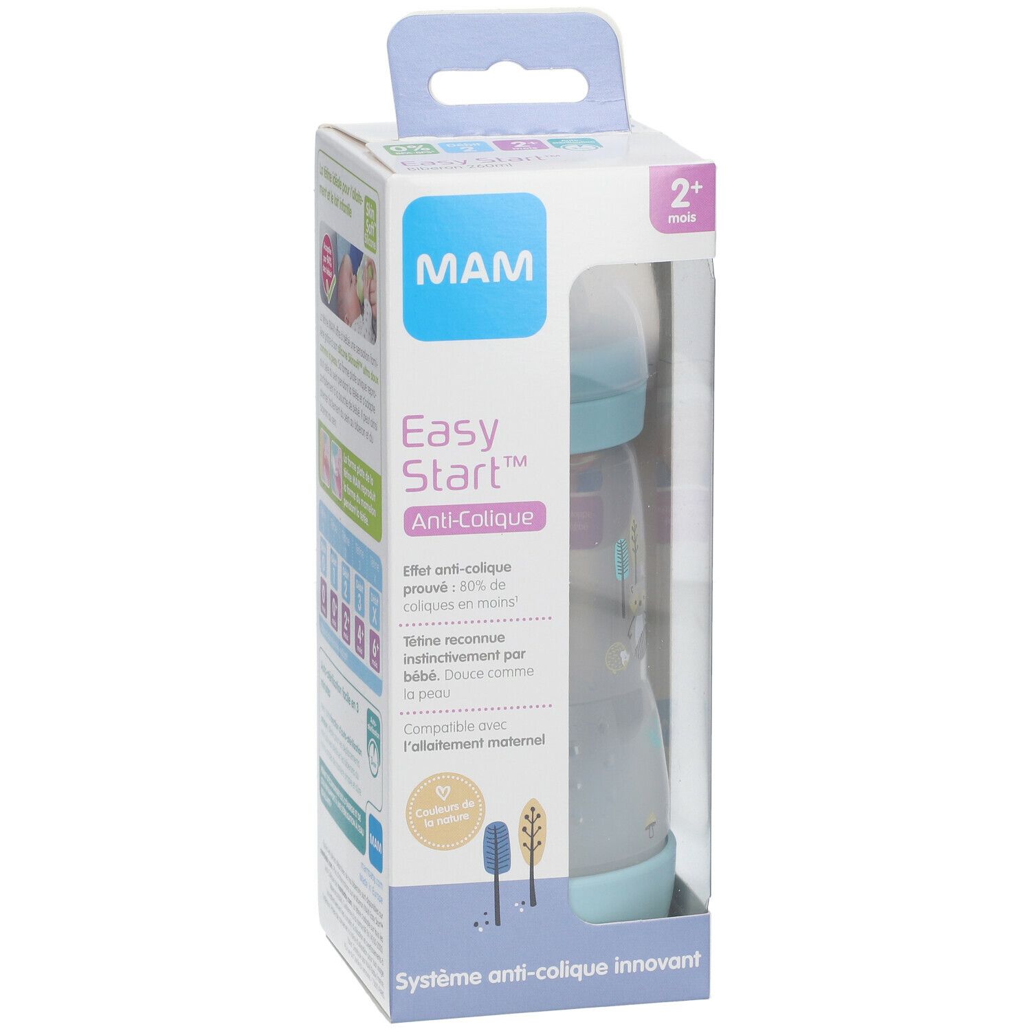 Biberon dans son emballage. Biberon bleu clair avec corps transparent. Inscriptions : MAM, Easy Start Anti-Colique, 2+ mois.