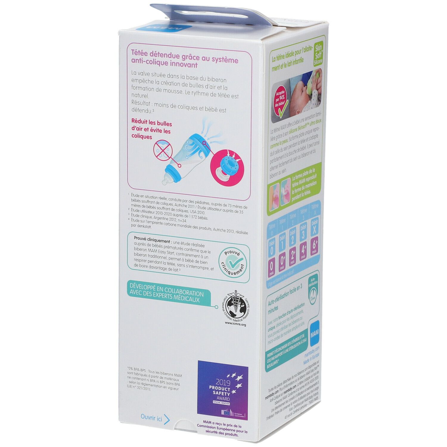 Achterkant van de verpakking van de MAM Easy Start Anti-Colique fles. Tekst en illustraties over het product, certificeringen.