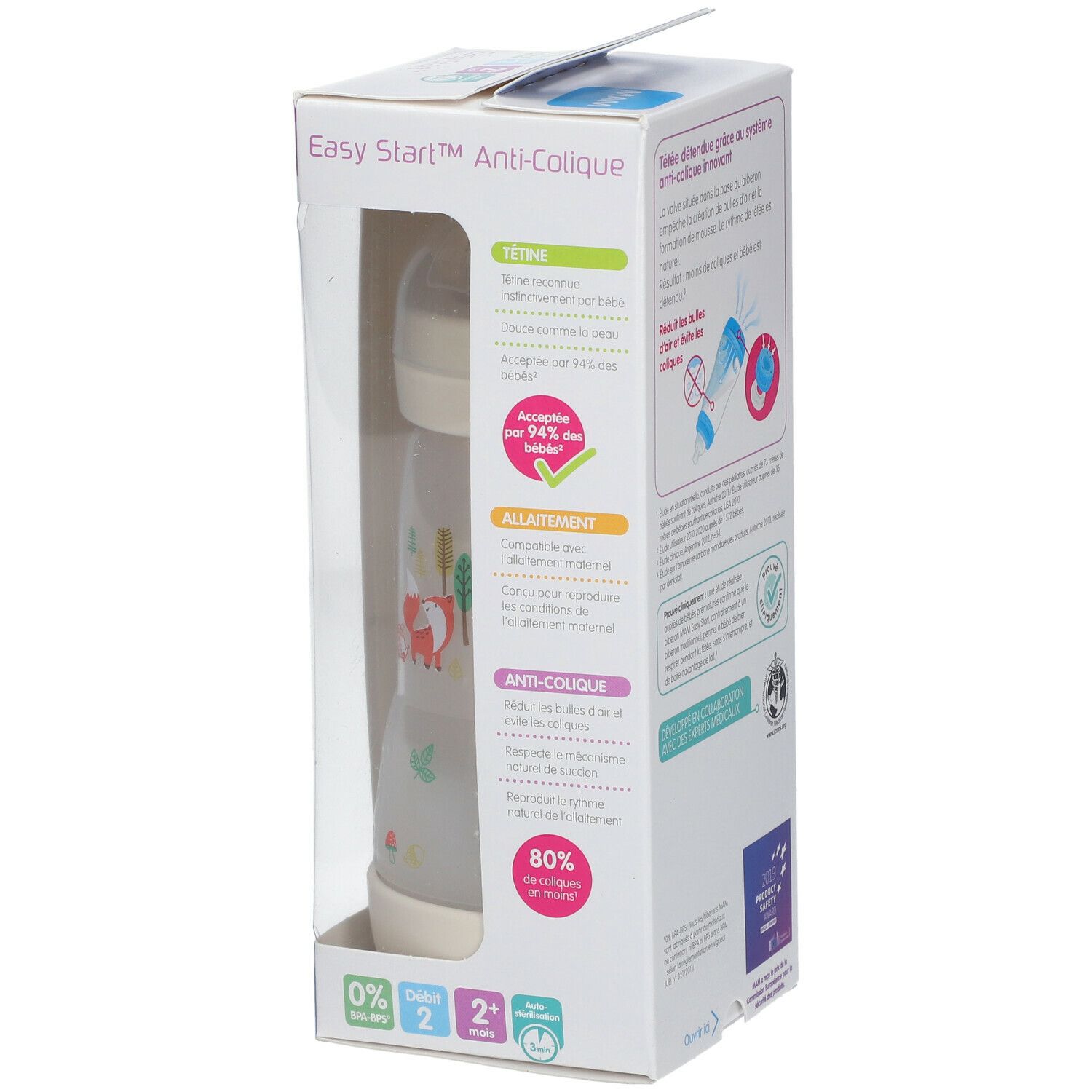 MAM Easy Start Anti-Colique fles in verpakking. Zichtbaar: fles met gekleurde dierenmotieven, transparant, witte bodem, speen.