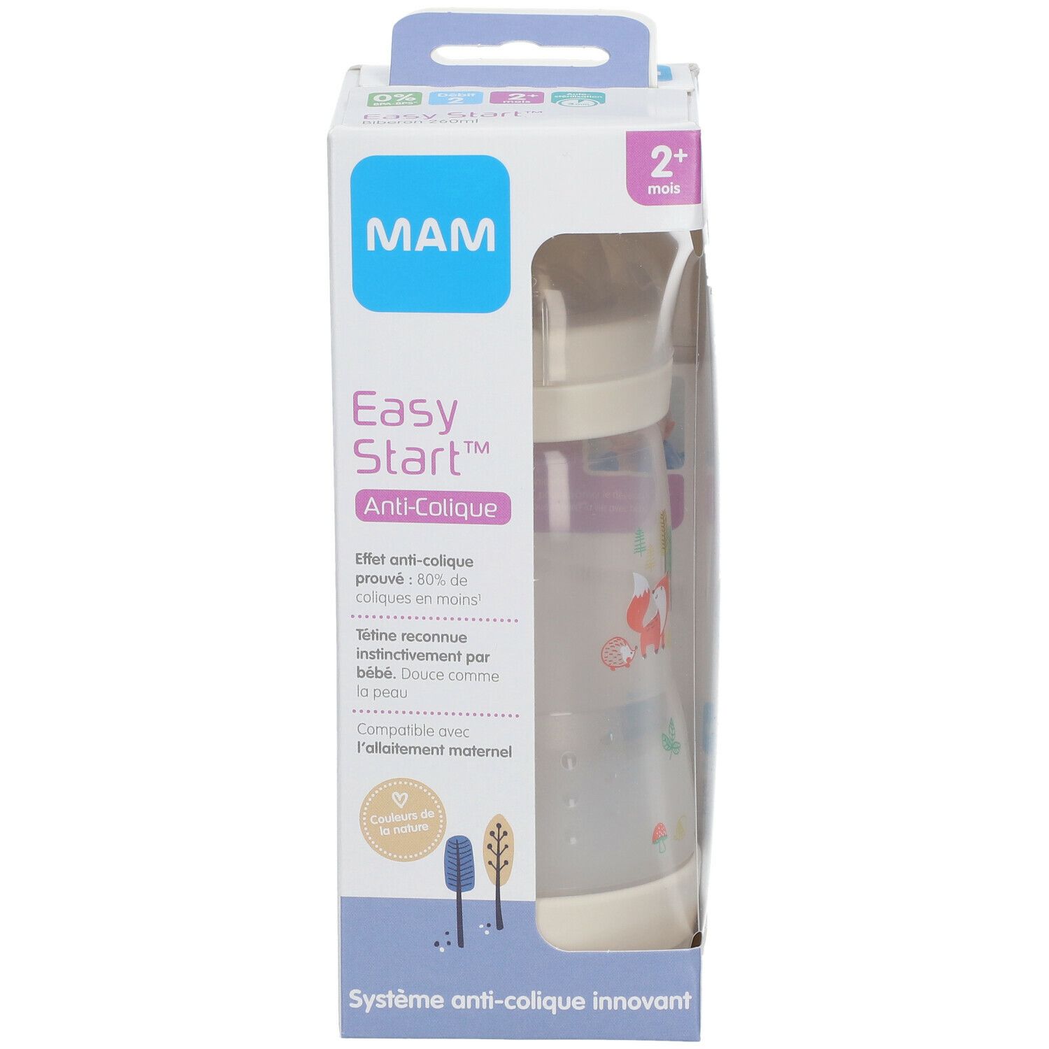 MAM Easy Start Anti-Colique fles in verpakking. Zichtbaar: fles met gekleurde dierenmotieven, transparant, witte bodem, speen.