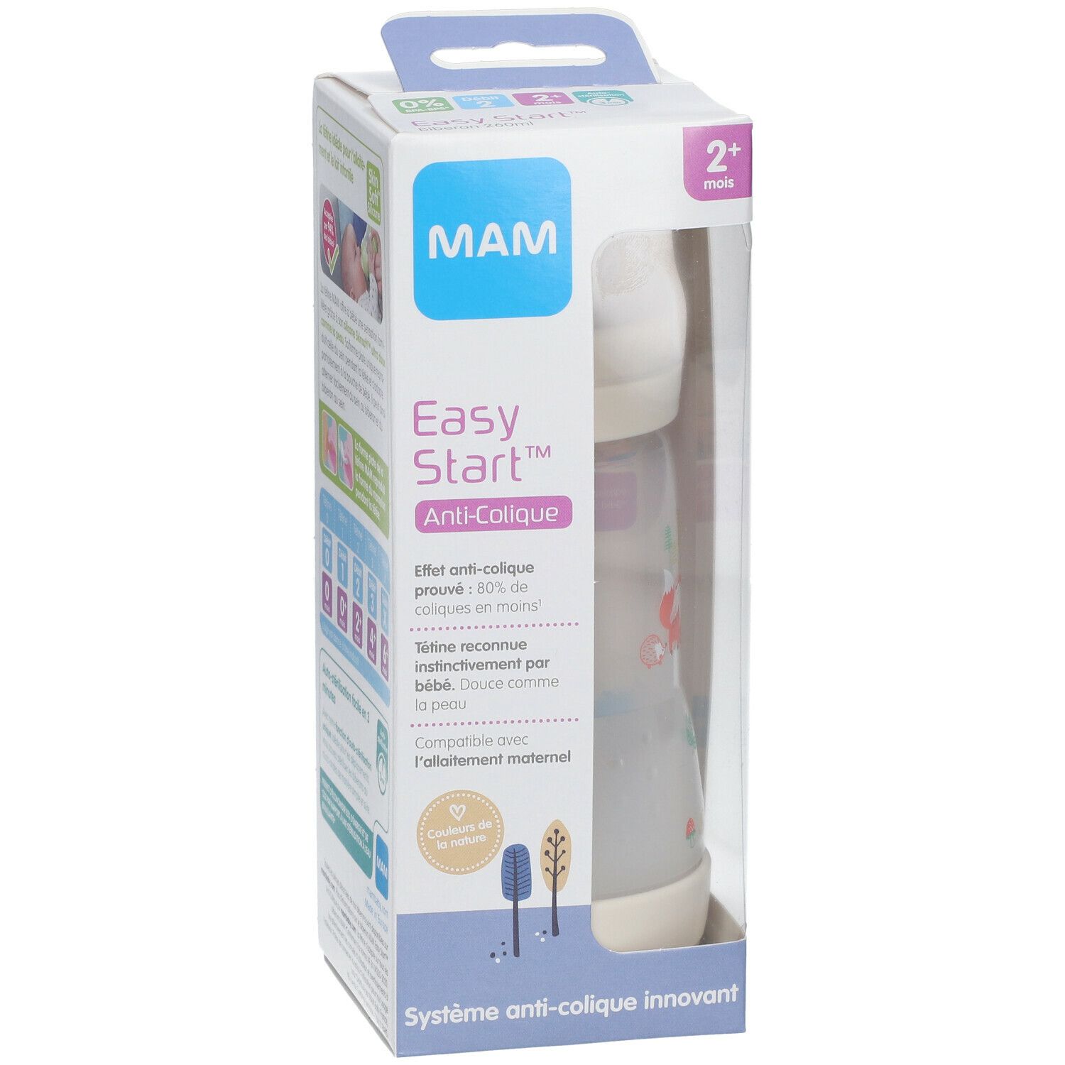 MAM Easy Start Anti-Colique fles in verpakking. Zichtbaar: fles met gekleurde dierenmotieven, transparant, witte bodem, speen.