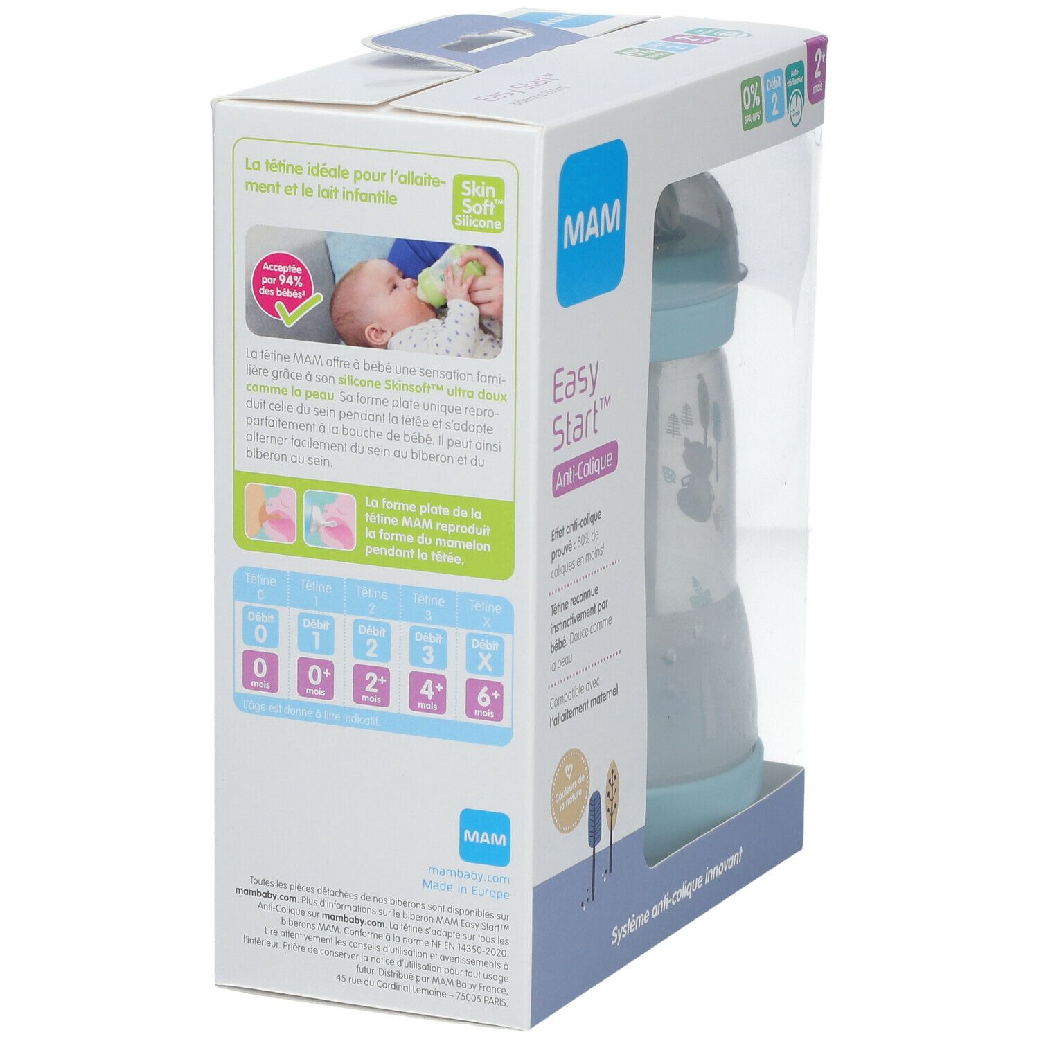 Vue latérale de l'emballage avec un biberon MAM Easy Start Anti-Colique. Informations et illustrations du produit sur l'emballage.