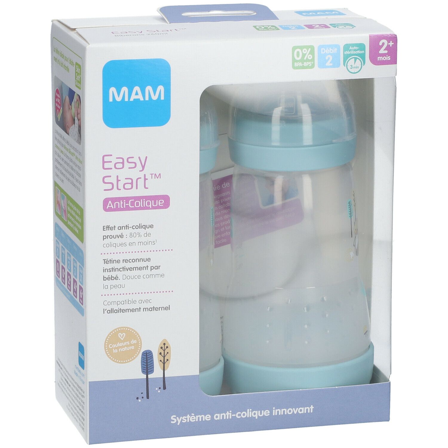 Emballage de deux biberons MAM Easy Start Anti-Colique. Biberons bleu clair avec récipient transparent. Emballage avec informations produit.