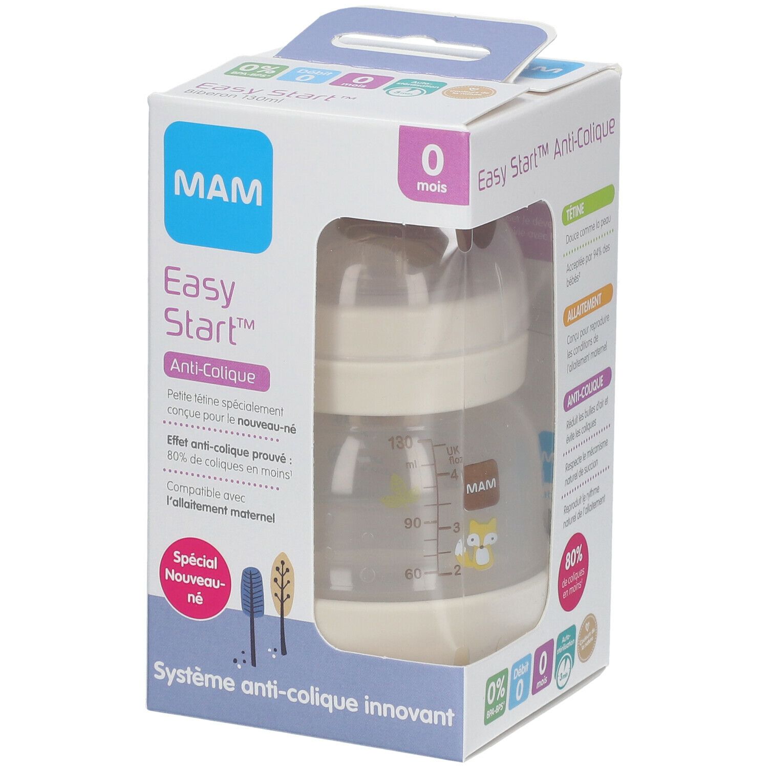 Biberon MAM Easy Start Anti-Colique dans son emballage. Visible: biberon, graduation, texte. Emballage avec fenêtre.