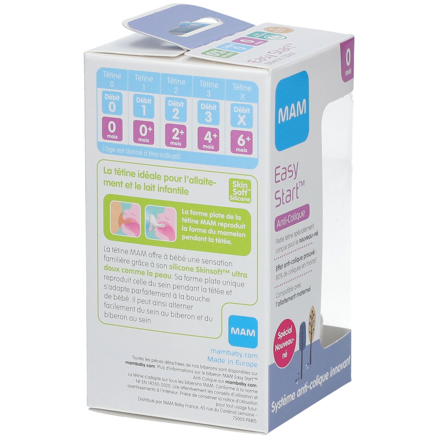 Dos de l'emballage MAM Easy Start Anti-Colique. Texte, graphiques, caractéristiques du produit, tailles de tétines.