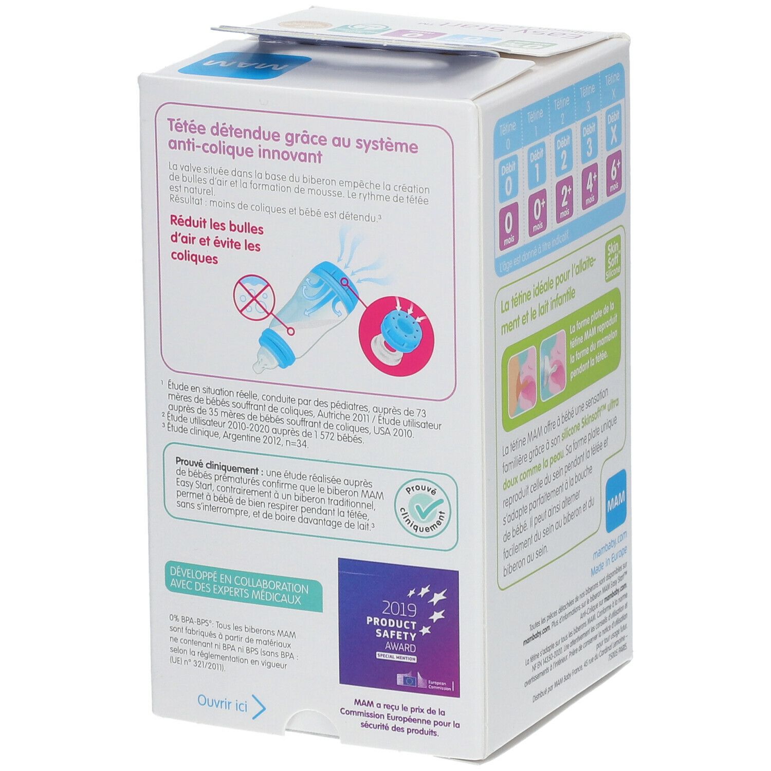 Dos de l'emballage MAM Easy Start Anti-Colique. Graphiques, texte, caractéristiques du produit, récompenses.