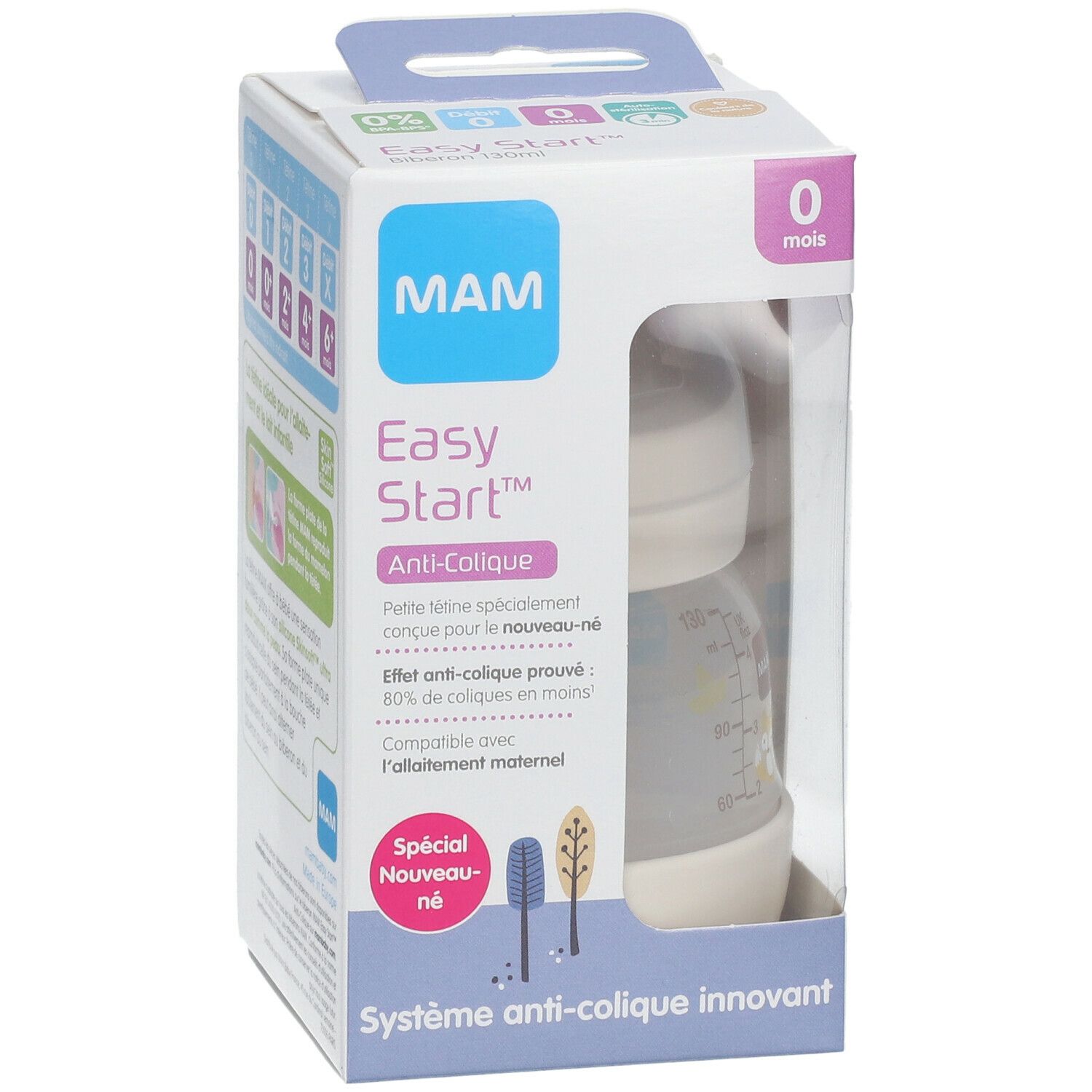 Biberon MAM Easy Start Anti-Colique dans son emballage. Visible: biberon, graduation, texte. Emballage avec fenêtre.