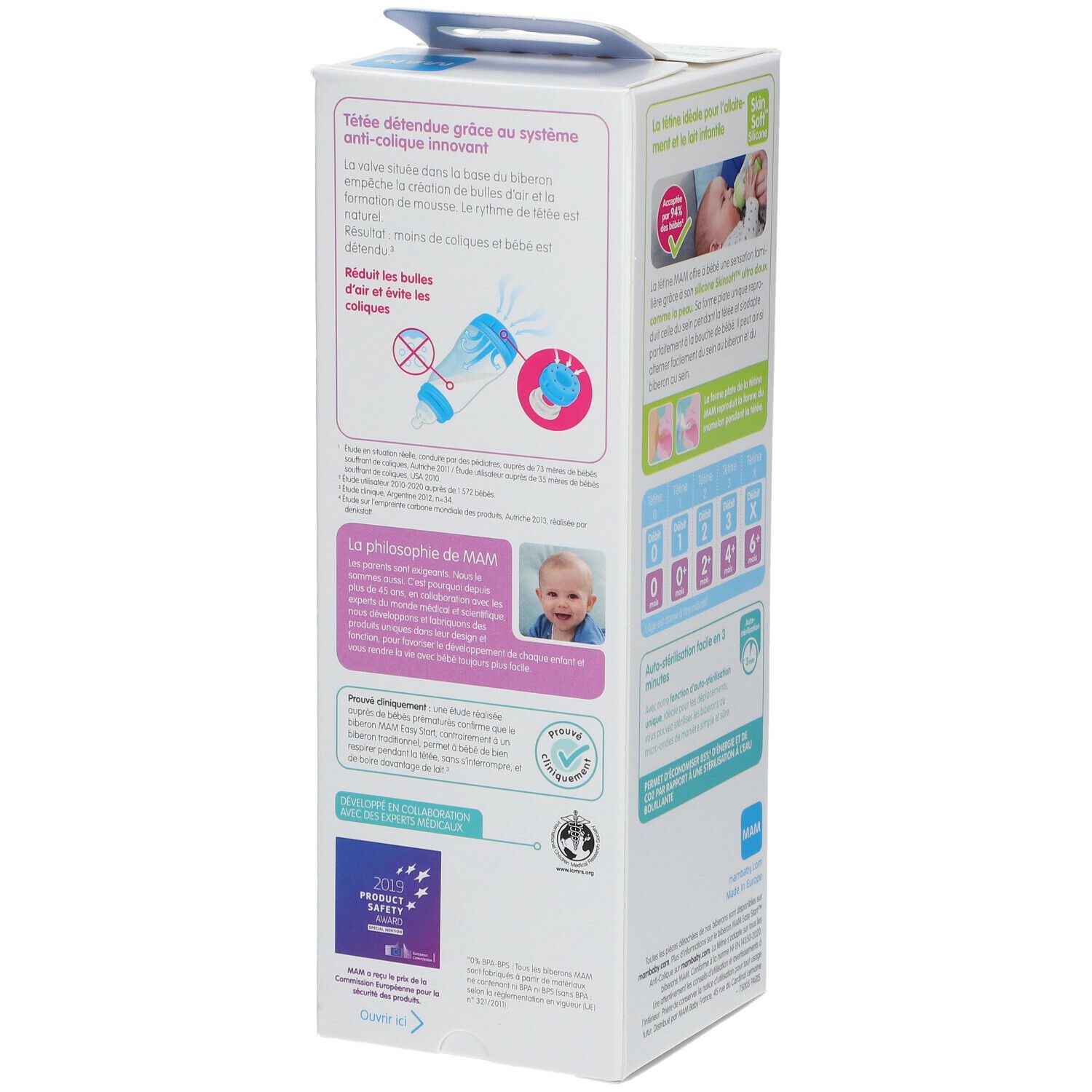 Verpakking met details van de babyfles. Achterkant met informatie over het anti-kolieksysteem. Illustraties en tekst in meerdere talen.
