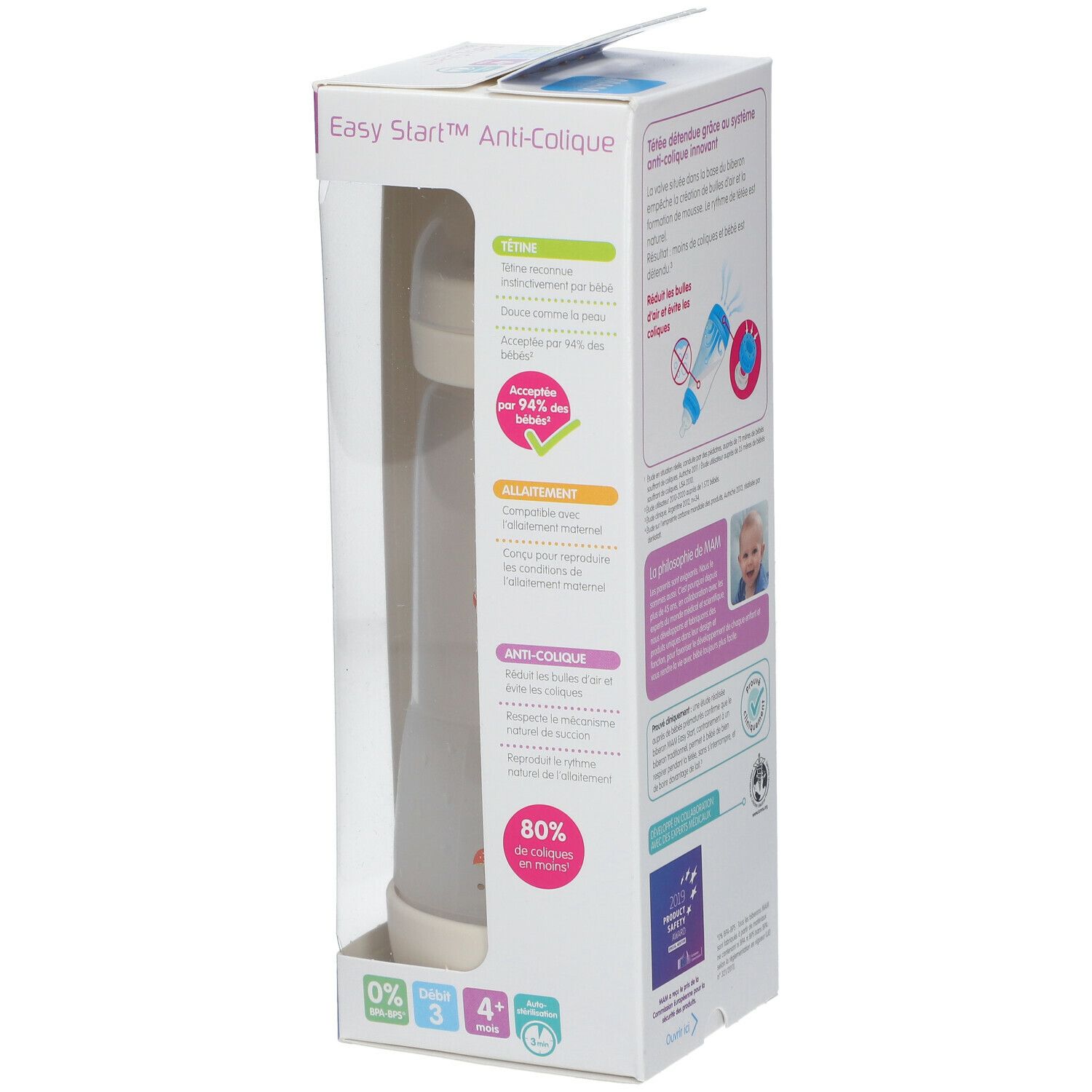 Verpakking met babyfles. Zichtbaar: MAM, Easy Start Anti-Colique, 4+. Fles in de doos. Informatie over het anti-koliekeffect.