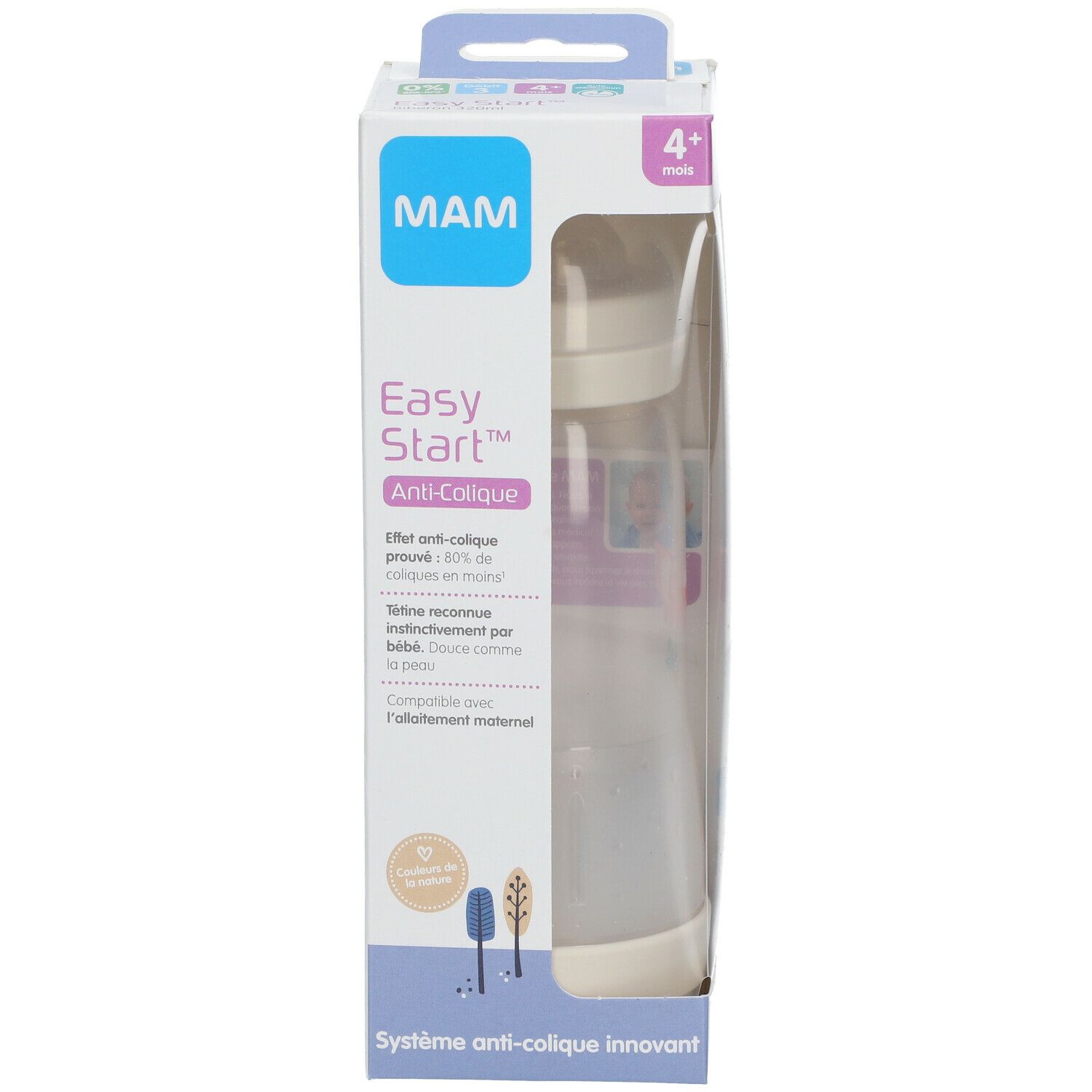 Babyfles in verpakking. Zichtbaar: MAM, Easy Start Anti-Colique, 4+. Fles met witte bodem, transparante body en lichte deksel.