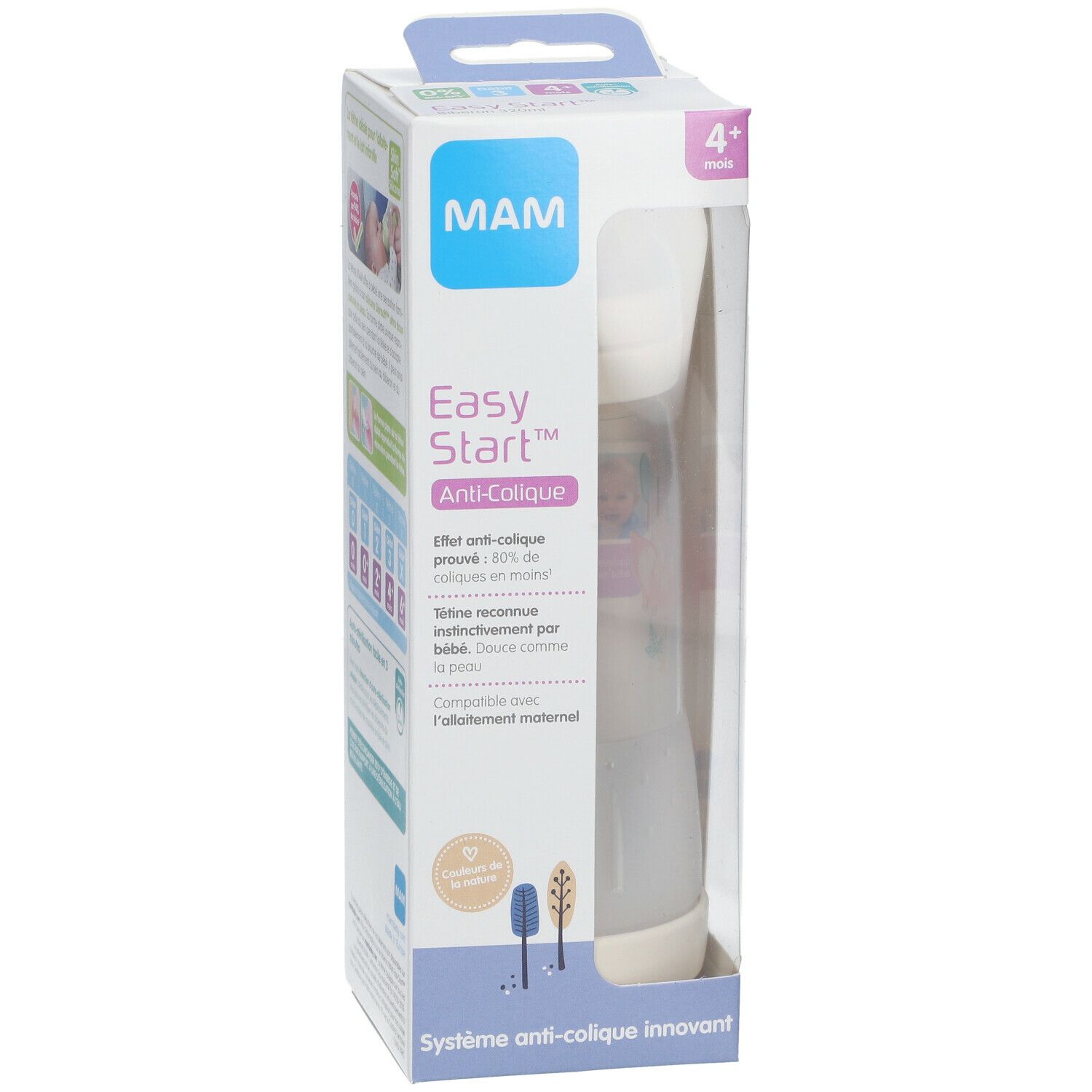 Babyfles in verpakking. Zichtbaar: MAM, Easy Start Anti-Colique, 4+. Fles met witte bodem, transparante body en lichte deksel.