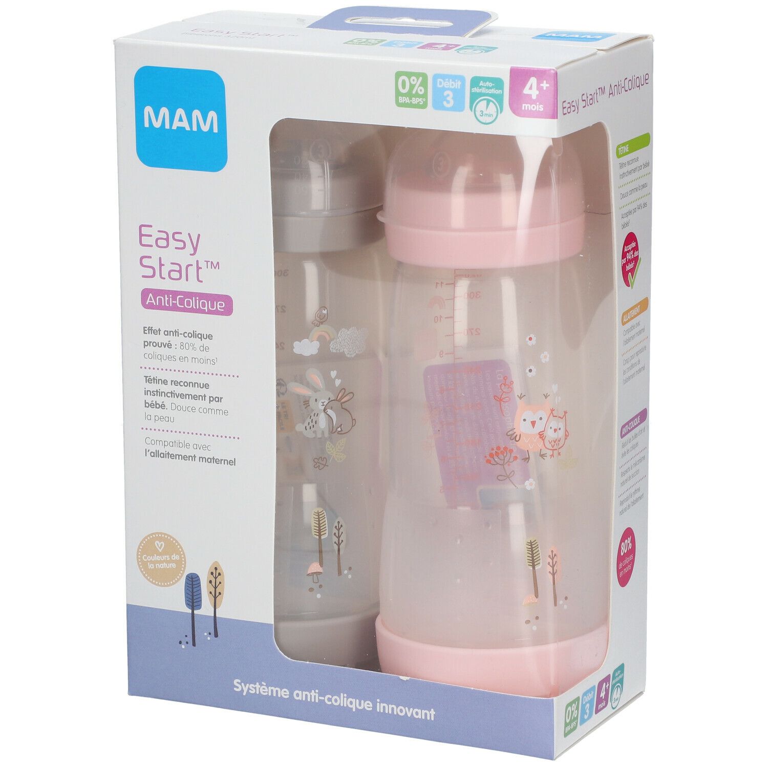 Boîte avec deux biberons MAM Easy Start Anti-Colique. Un gris et un rose avec motifs. Système anti-colique.