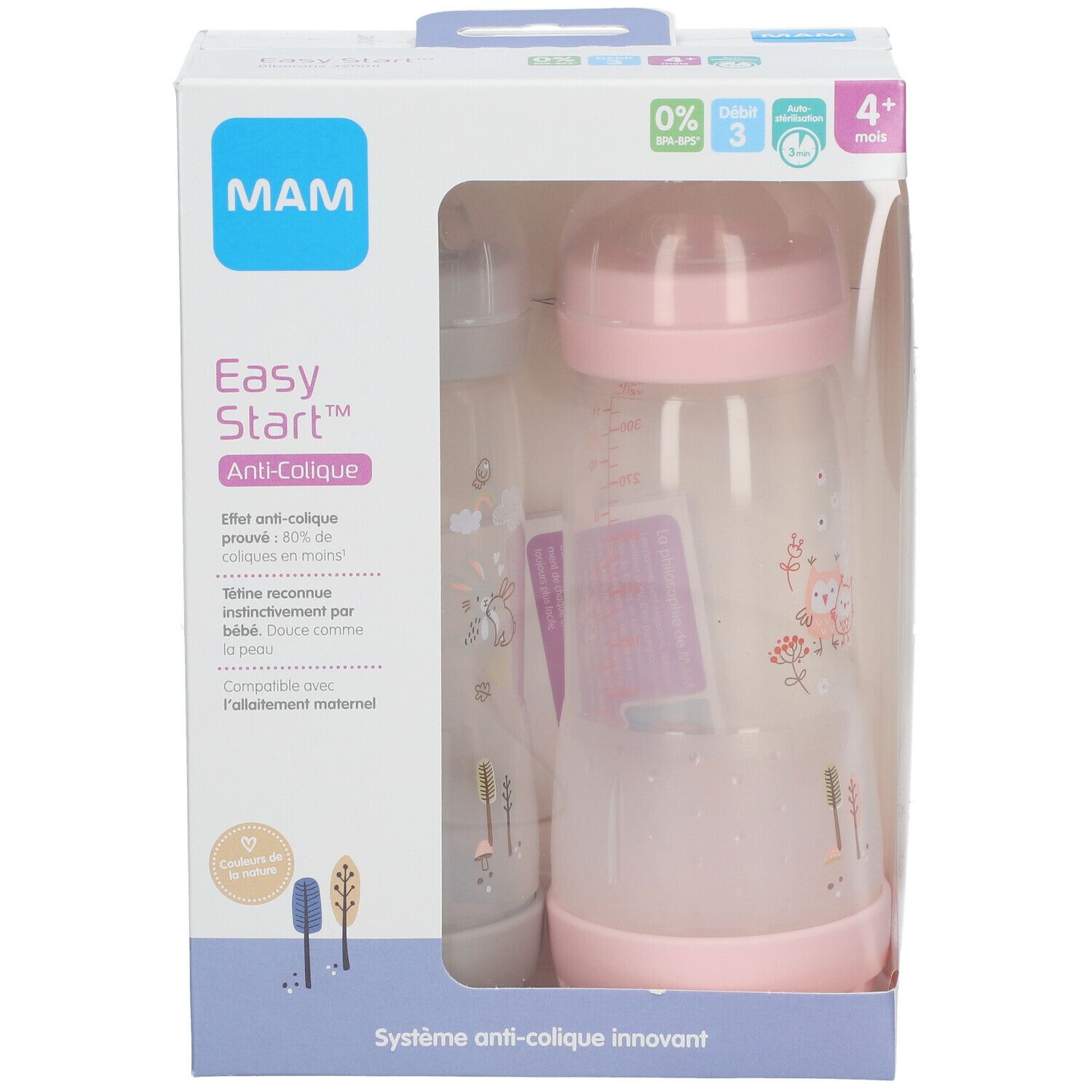 Boîte avec un biberon rose MAM Easy Start Anti-Colique et accessoires. Biberon avec motifs. Système anti-colique.