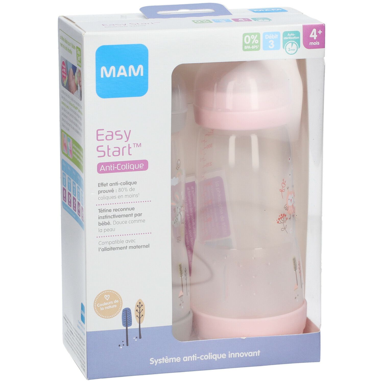 Boîte avec un biberon rose MAM Easy Start Anti-Colique. Biberon avec motifs. Système anti-colique. Marque MAM.