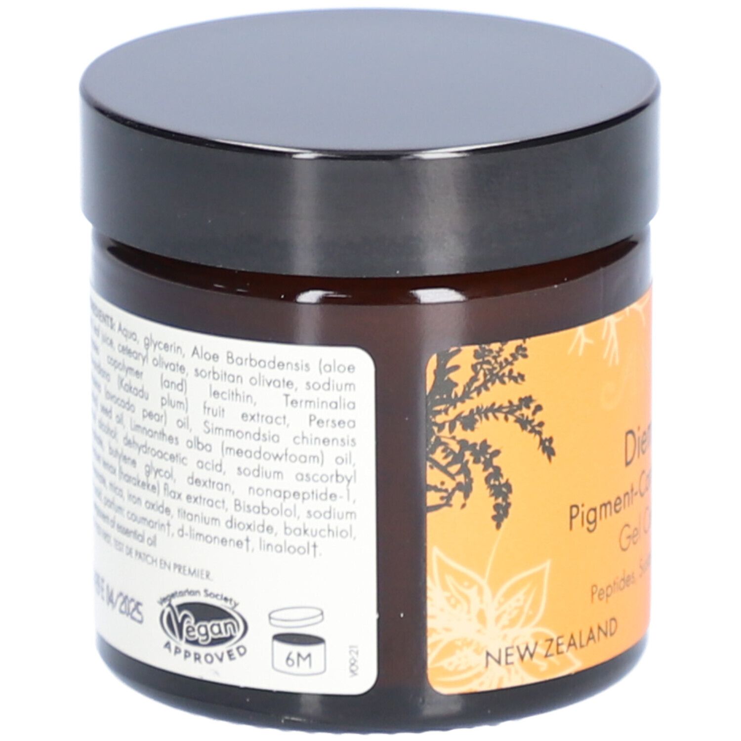 Rückseite der Creme-Dose. Zutatenliste und Vegan-Siegel. Aufschrift: Diem Vitamin C Pigment-Correcting Water Cream.