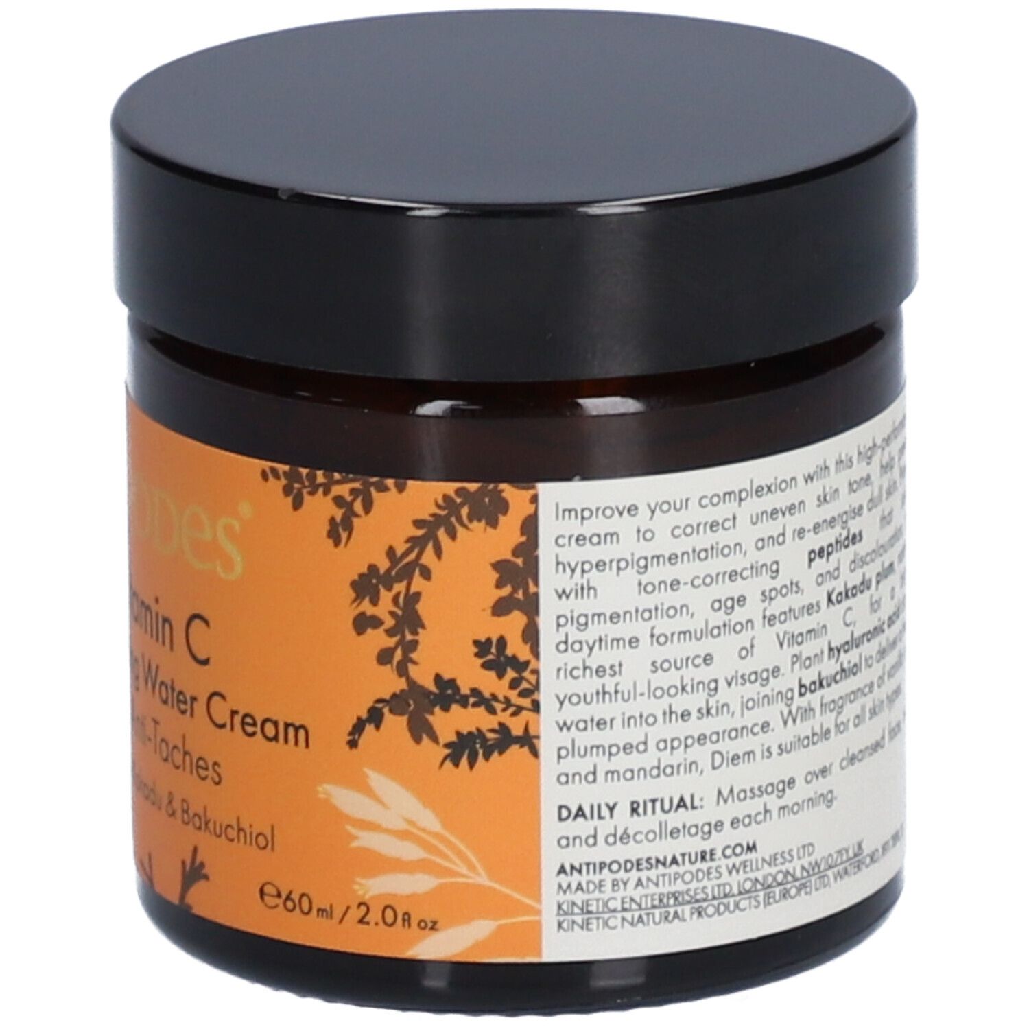 Creme-Dose mit schwarzem Deckel. Aufschrift: Antipodes Diem Vitamin C Pigment-Correcting Water Cream.