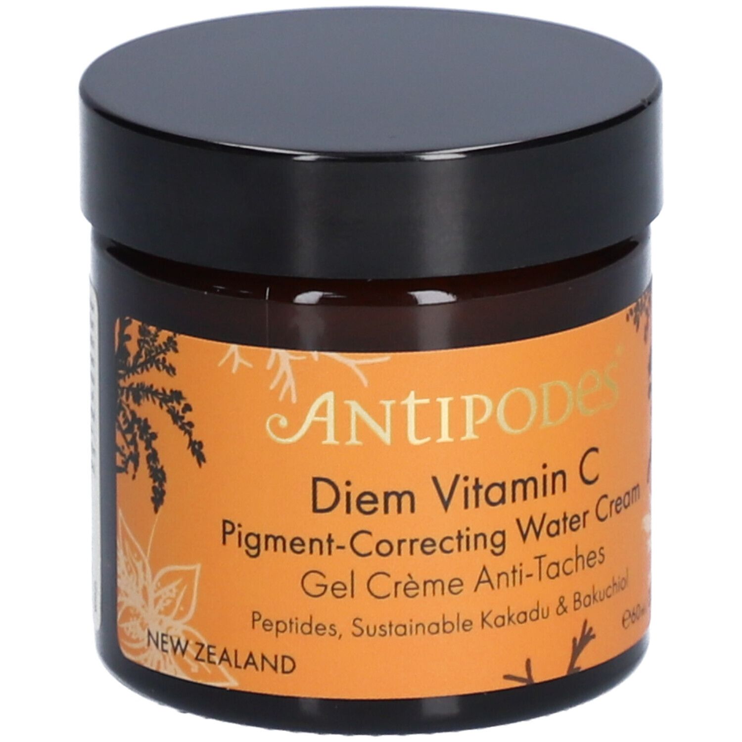 Braune Creme-Dose mit schwarzem Deckel. Aufschrift: Antipodes Diem Vitamin C Pigment-Correcting Water Cream.