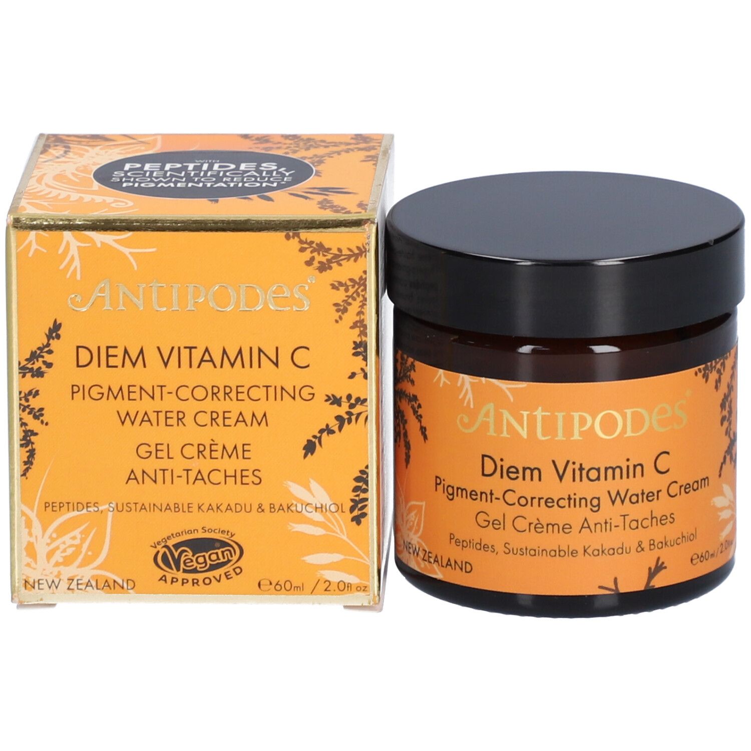 Creme-Dose und Schachtel. Aufschrift: Antipodes Diem Vitamin C Pigment-Correcting Water Cream. Vegan-Siegel.