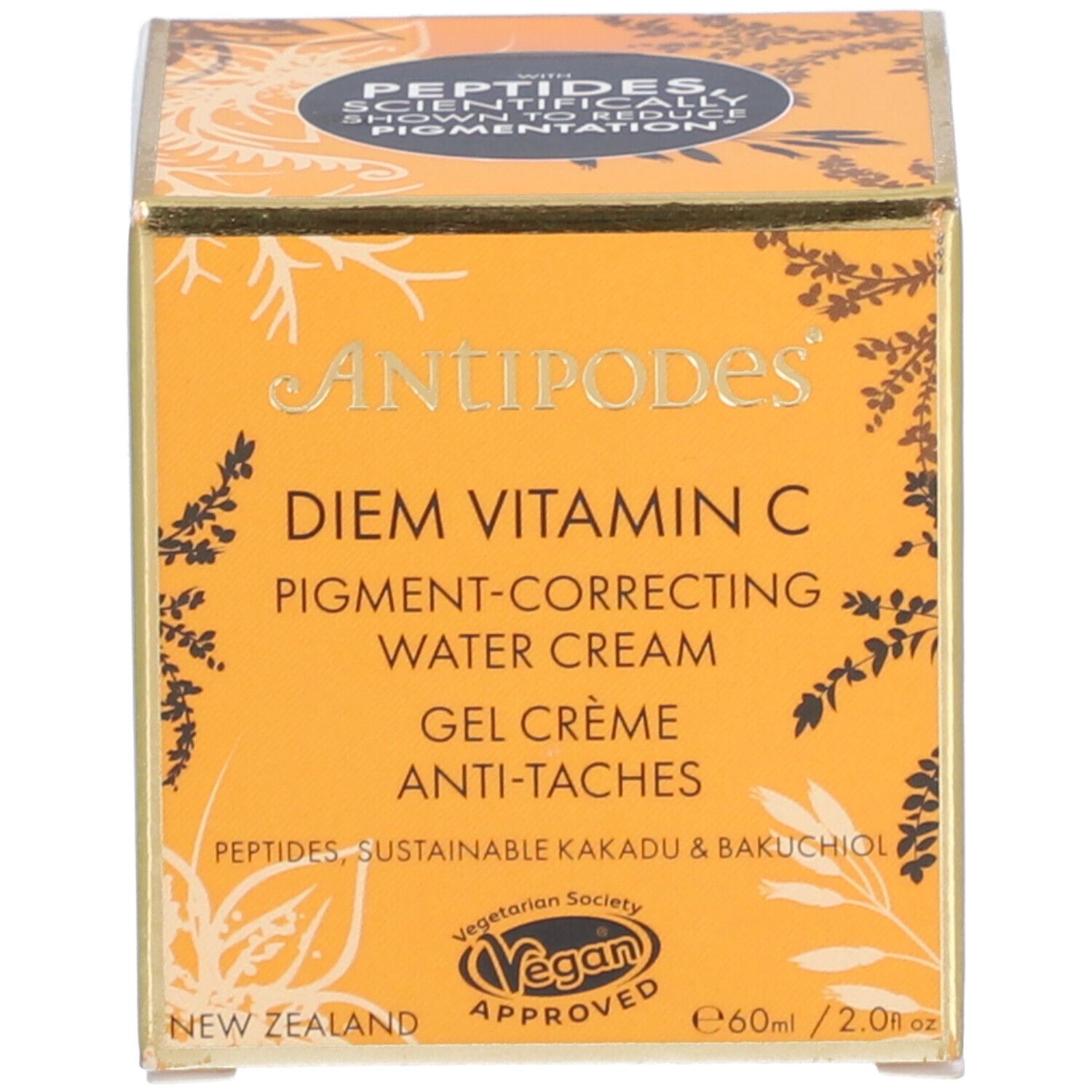 Schachtel mit Aufschrift: Antipodes Diem Vitamin C Pigment-Correcting Water Cream. Vegan-Siegel.