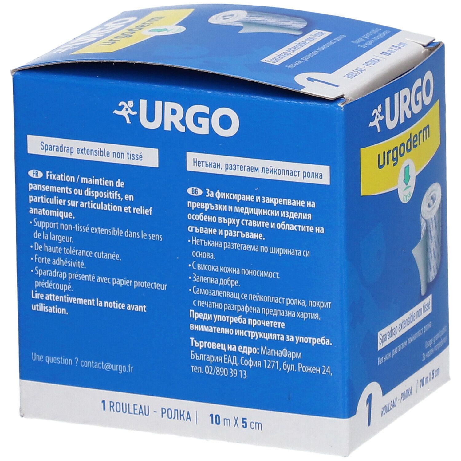 Boîte bleue URGO Urgoderm. Texte multilingue. Nom et logo du produit. Dimensions : 10 m x 5 cm.