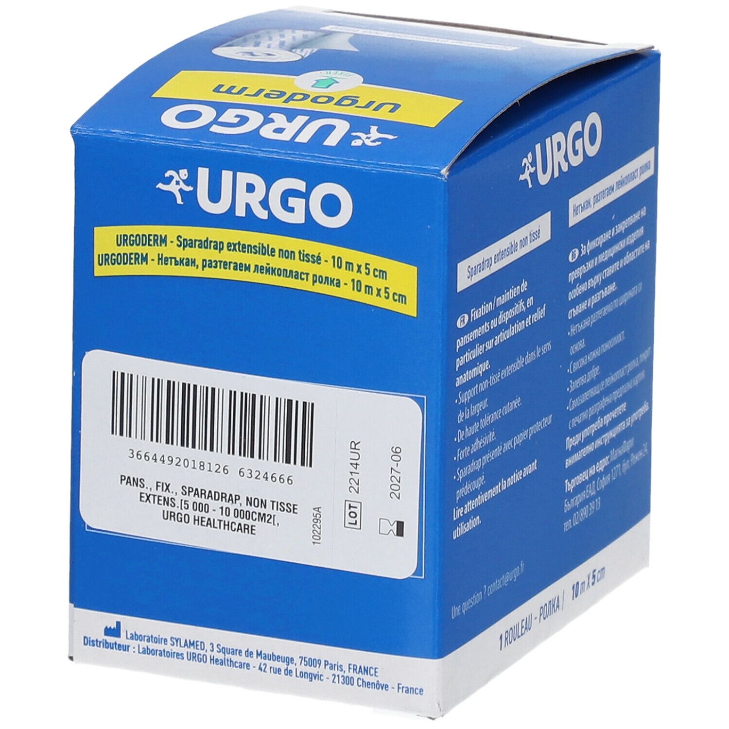 Boîte bleue URGO Urgoderm. Code-barres, numéro de lot et date de péremption. Nom du produit et dimensions : 10 m x 5 cm.