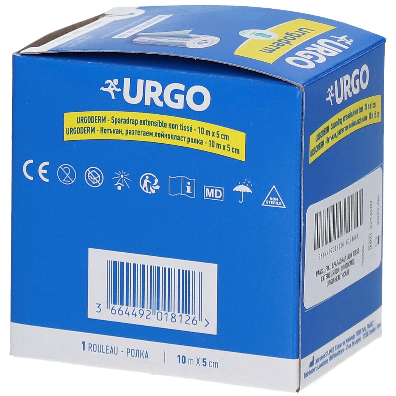 Boîte bleue URGO Urgoderm. Marquage CE et symboles. Nom du produit et dimensions : 10 m x 5 cm. Code-barres.
