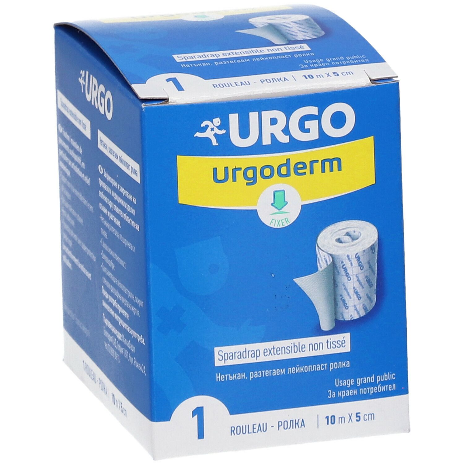 Boîte bleue URGO Urgoderm. Rouleau de sparadrap, 10 m x 5 cm. Nom et logo du produit. Symbole de fixation.