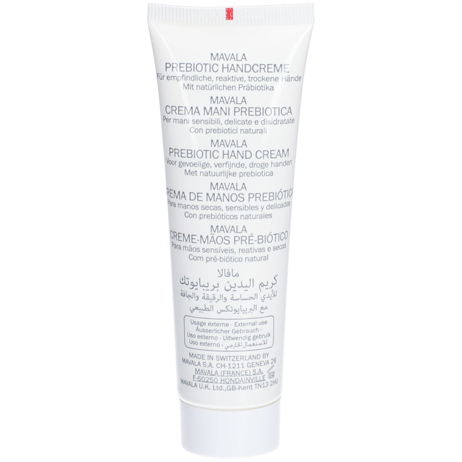 Tube blanc avec texte multilingue. Contient de la crème pour les mains. Inscription : Mavala, Crème Mains Prébiotique, en plusieurs langues.