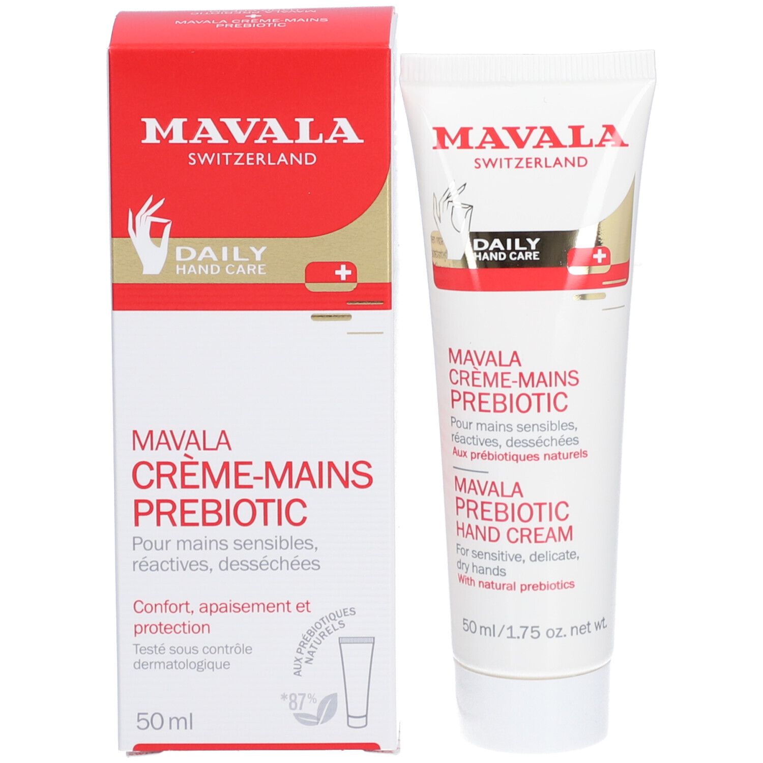 Tube de crème pour les mains et boîte. Inscription : Mavala, Suisse, Crème Mains Prébiotique. Boîte rouge et blanche. Tube blanc.