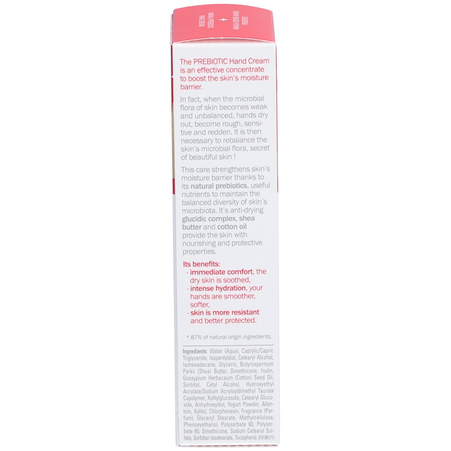 Boîte rouge et blanche avec texte. Contient des informations sur la crème pour les mains. Ingrédients et avantages sont énumérés.