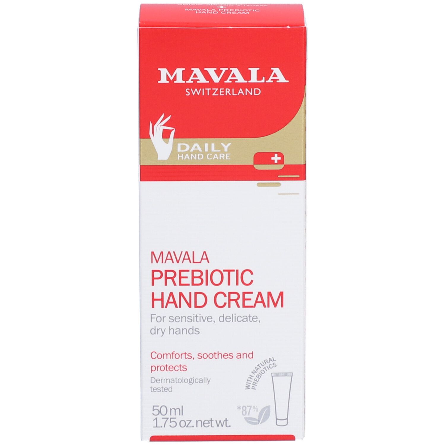 Boîte rouge et blanche avec texte de crème pour les mains. Inscription : Mavala, Suisse, Crème Mains Prébiotique. Contient de la crème pour les mains.
