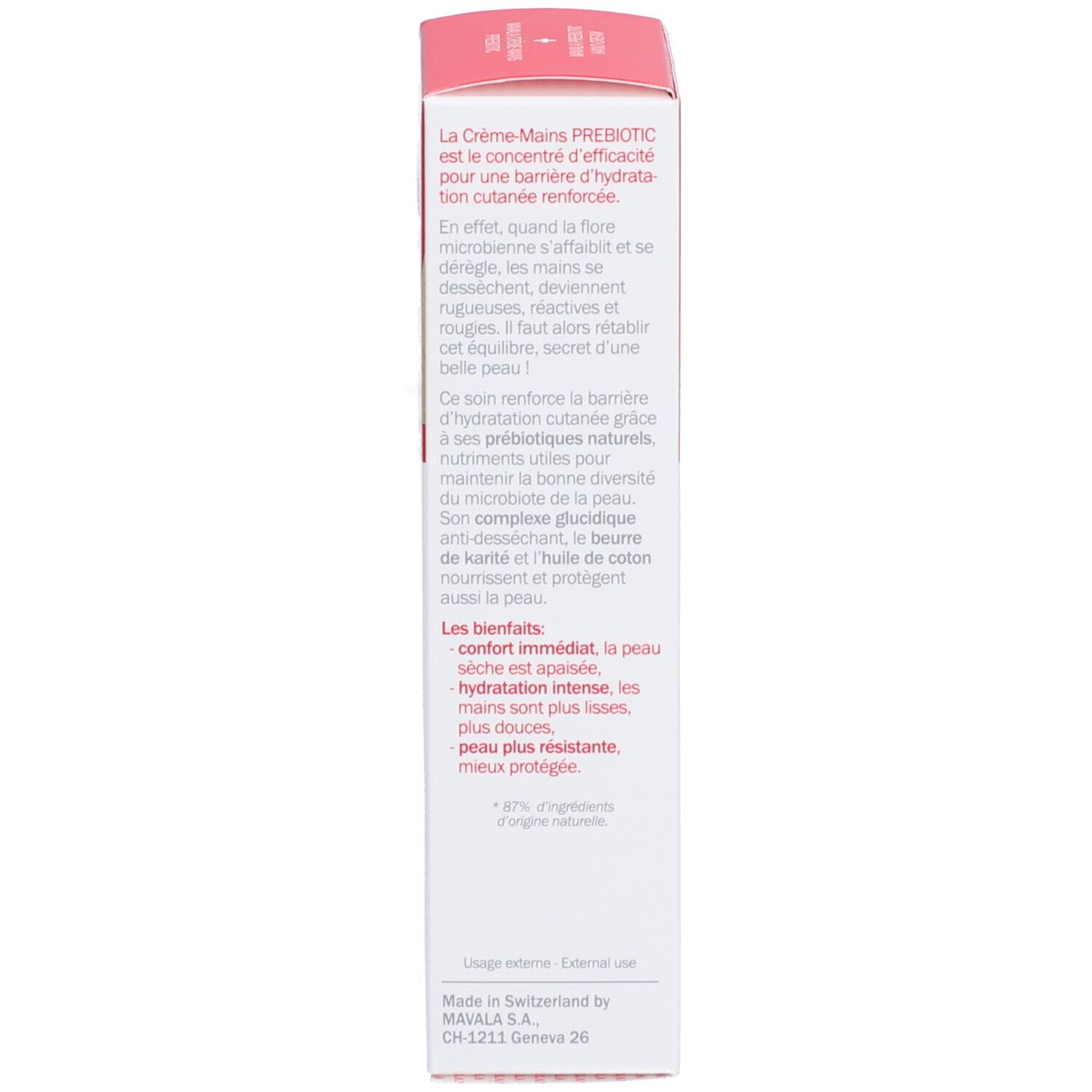 Boîte rouge et blanche avec texte. Contient des informations sur la crème pour les mains. Avantages et ingrédients sont énumérés.