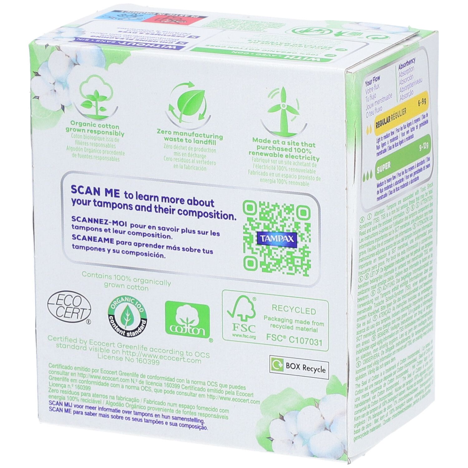 Rückseite der Verpackung. Informationen zu Tampons und Zusammensetzung. Öko-Zertifizierungen und FSC-Siegel.