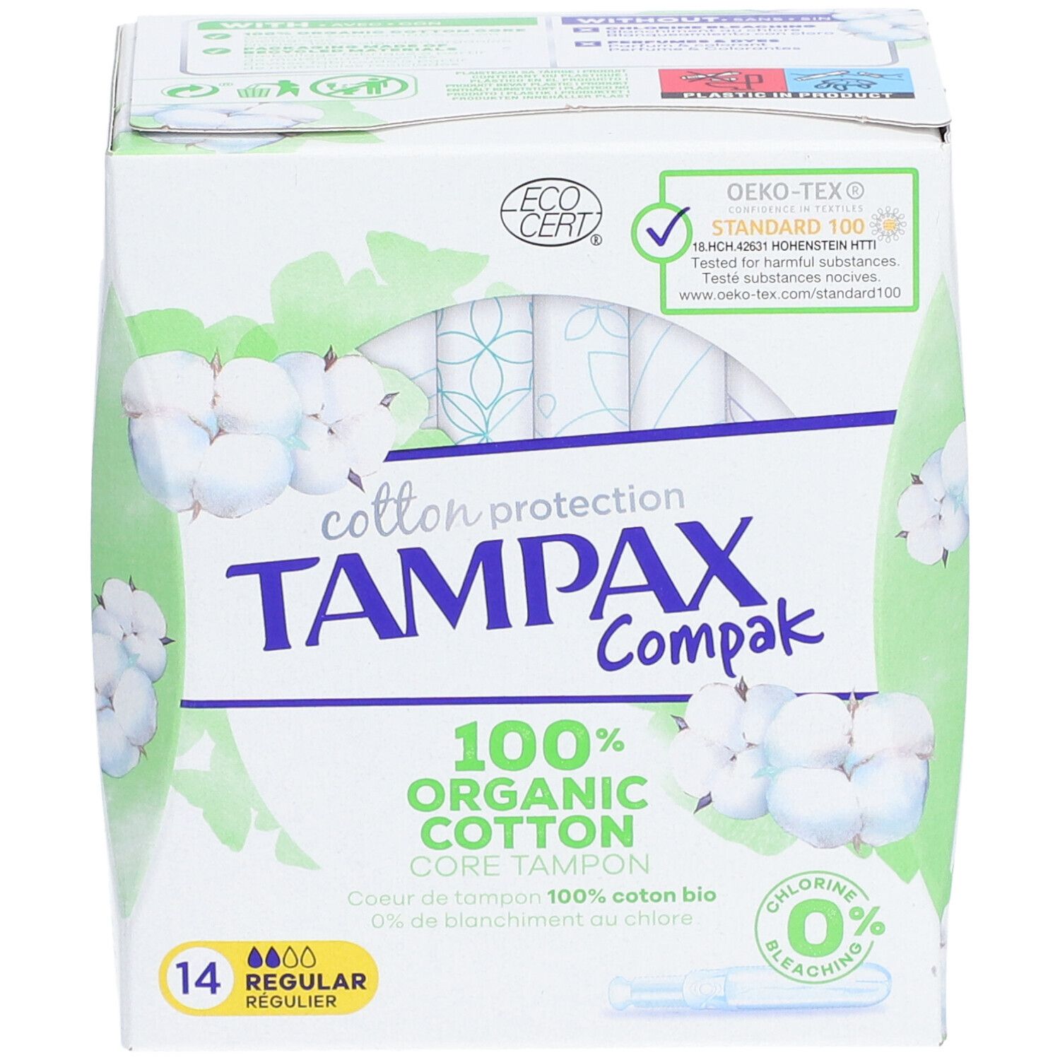 Verpackung mit Tampons. Marke Tampax Compak. 100% Bio-Baumwolle. 14 Stück, regulär. Mit Öko-Tex-Zertifizierung.