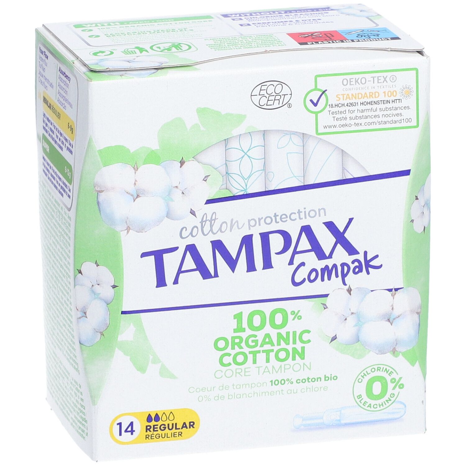 Verpackung mit Tampons. Marke Tampax Compak. 100% Bio-Baumwolle. 14 Stück, regulär. Mit Öko-Tex-Zertifizierung.