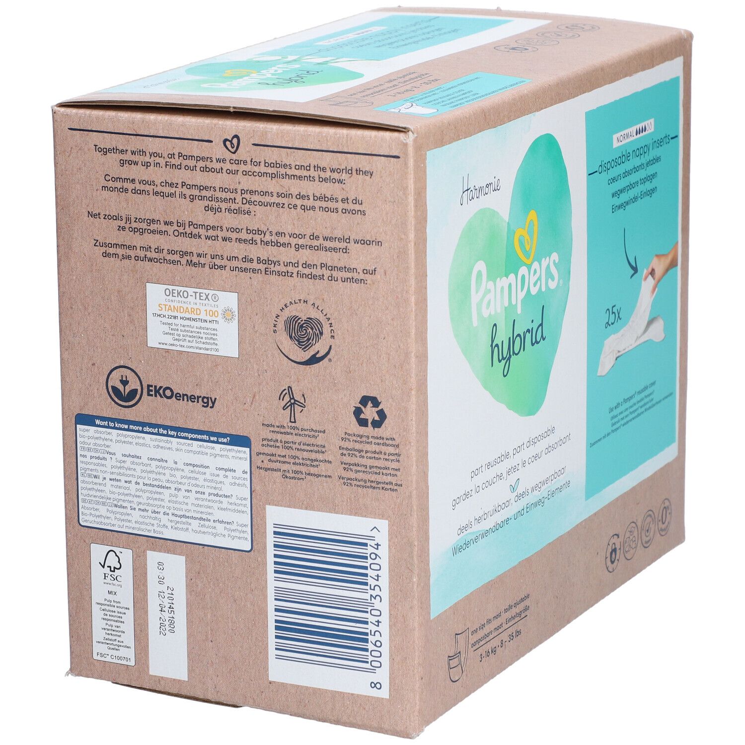 Dos de l'emballage en carton Pampers Hybrid Harmonie. Texte : Öko-Tex, Öko-énergie, informations sur la marque, symboles de recyclage, code-barres.