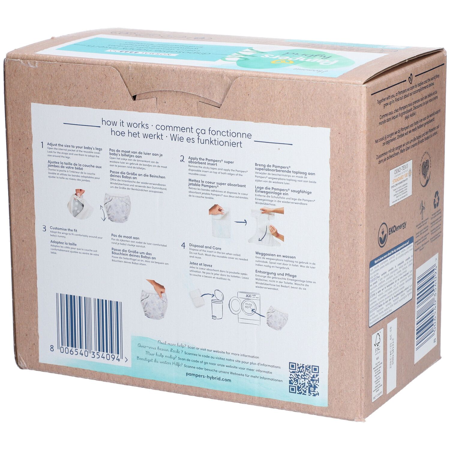 Dos de l'emballage en carton Pampers Hybrid Harmonie. Illustrations : instructions d'utilisation, code QR, code-barres, adresse du site web.
