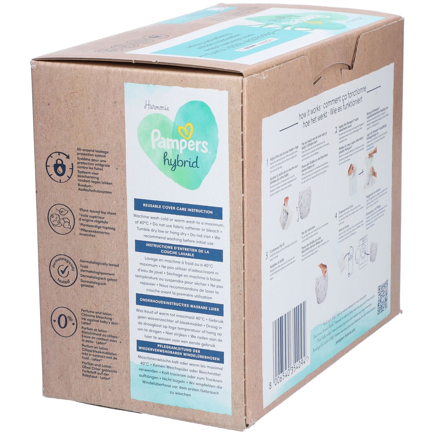 Dos de l'emballage en carton Pampers Hybrid Harmonie. Texte : instructions de lavage, indication de taille, certifications, symboles de recyclage.