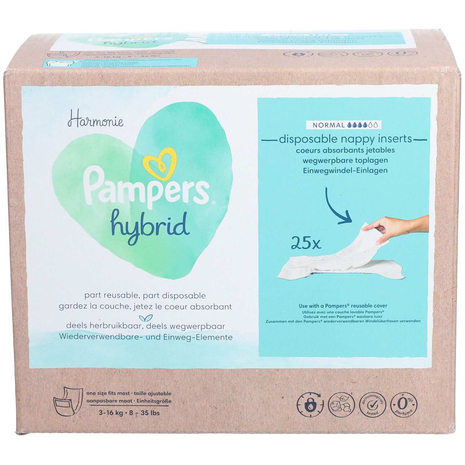 Boîte de Pampers Hybrid Harmonie inserts jetables. Inscriptions : marque, nom du produit, 25 pièces, indication de taille, certifications.