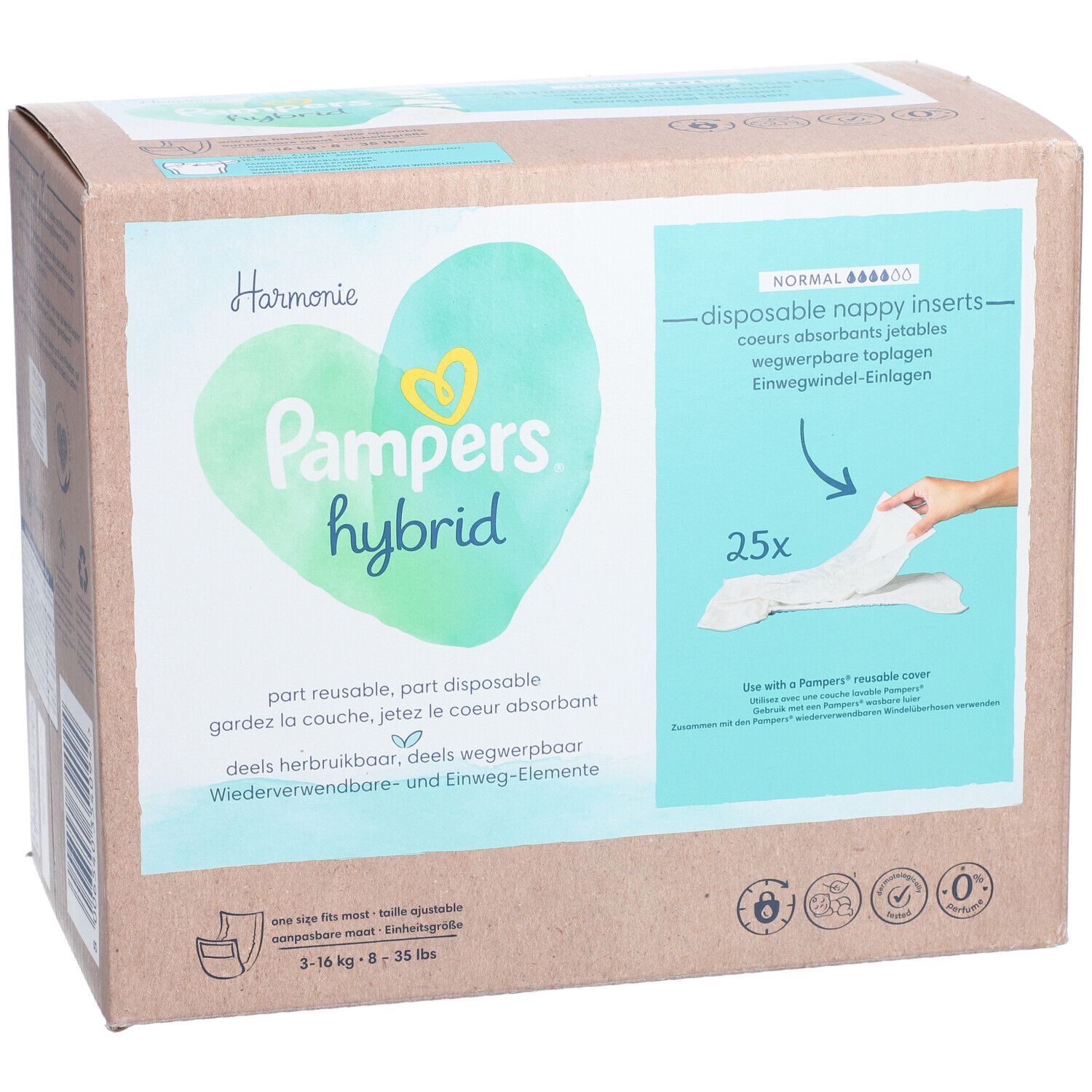 Boîte de Pampers Hybrid Harmonie inserts jetables. Inscriptions : marque, nom du produit, 25 pièces, indication de taille, certifications.