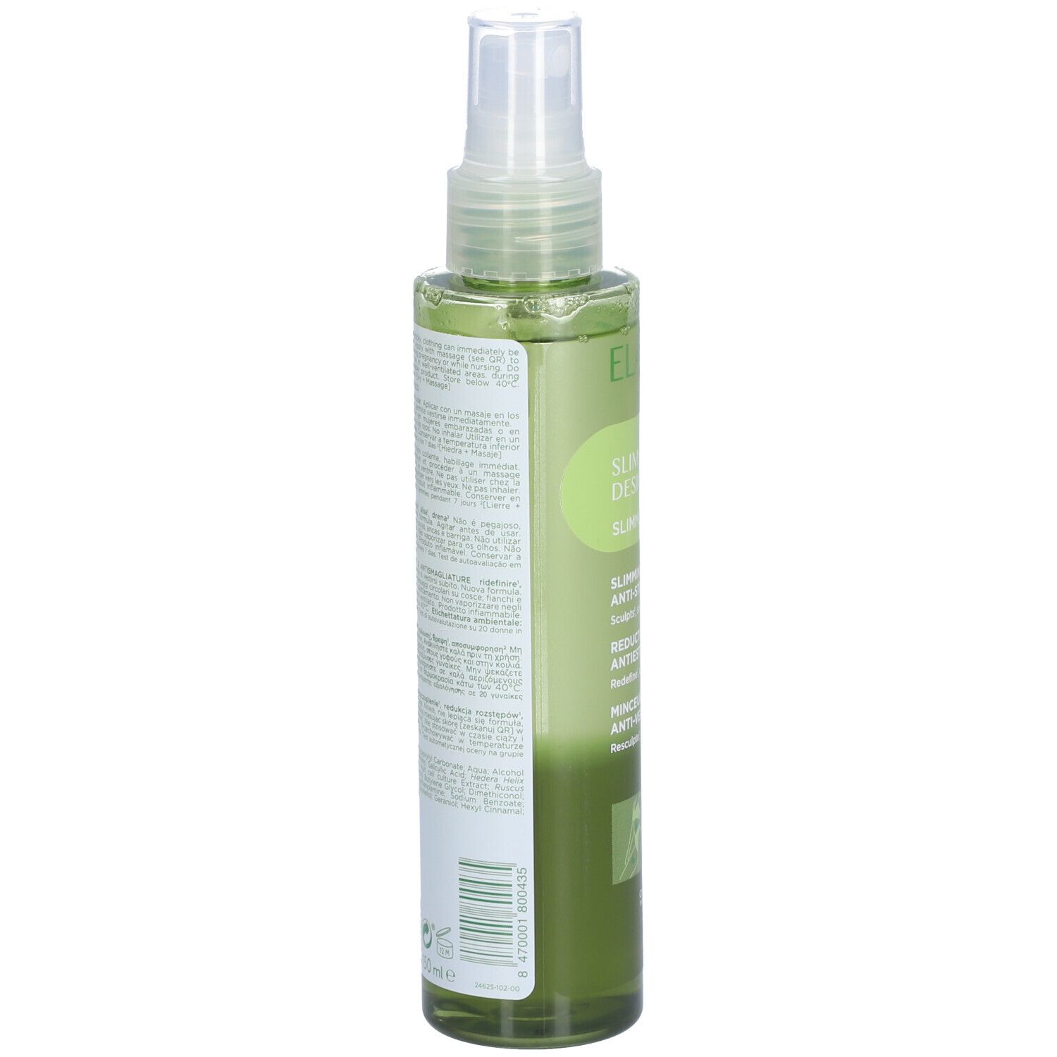 Rückansicht der grünen Sprühflasche ELANCYL Slim Design. Etikett mit Produktinformationen und Barcode.