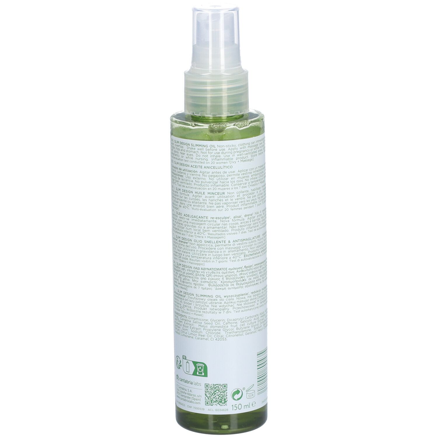Rückansicht der grünen Sprühflasche ELANCYL Slim Design. Etikett mit Produktinformationen und Barcode.