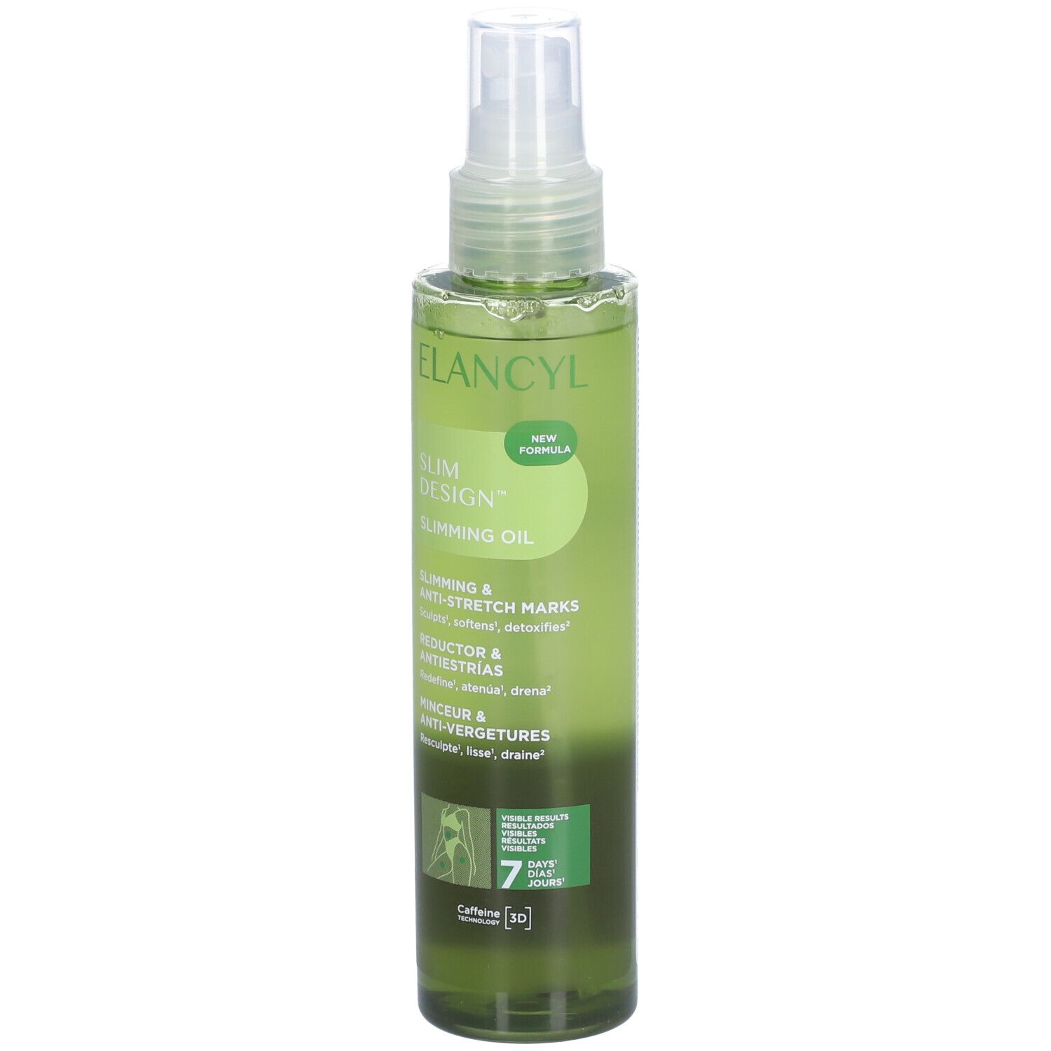 Grüne Sprühflasche mit ELANCYL Slim Design. Beschriftung: Slimming Oil, Reductor & Antiestrías, Minceur & Anti-vergetures.