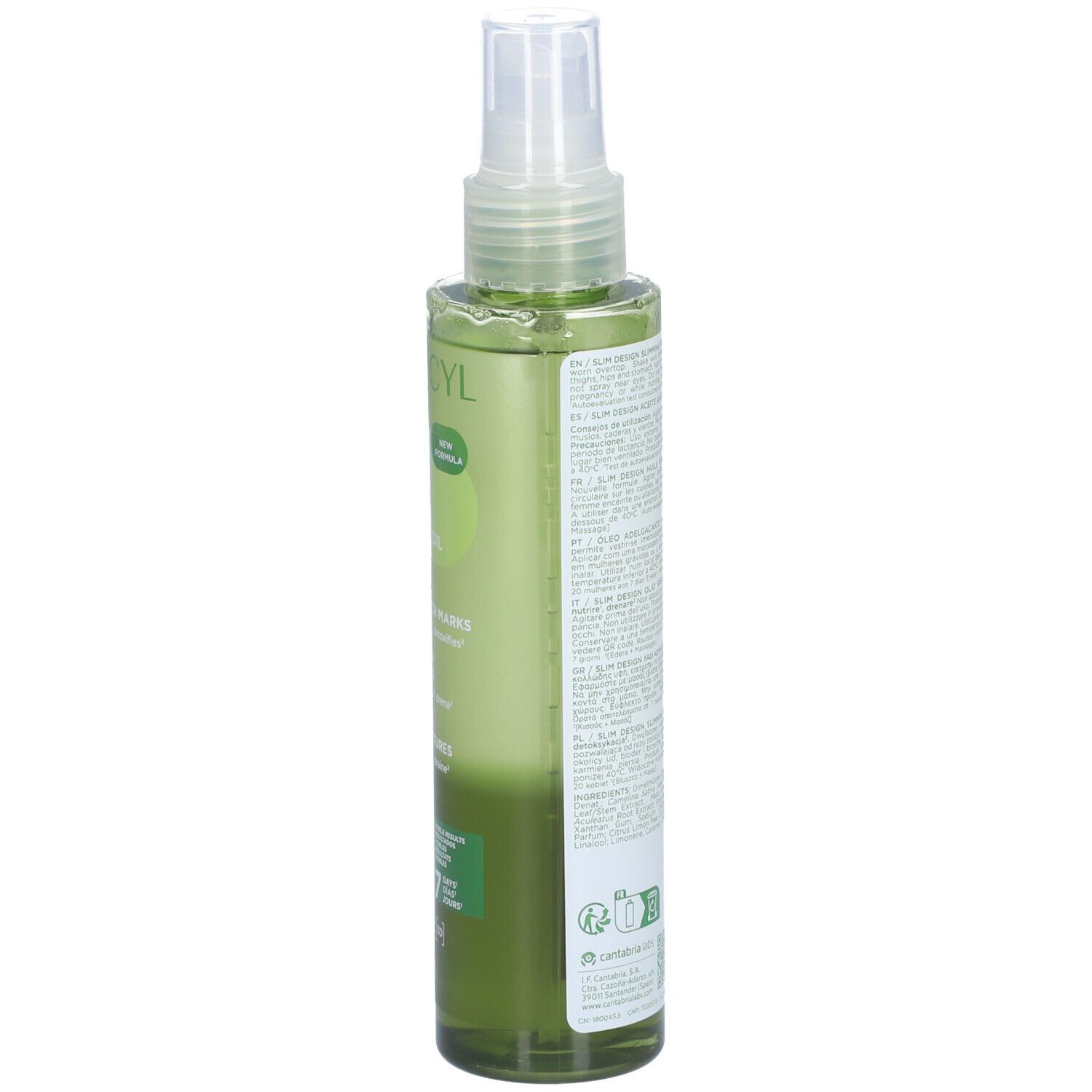 Grüne Sprühflasche mit ELANCYL Slim Design. Beschriftung: Slimming Oil, Reductor & Antiestrías, Minceur & Anti-vergetures.
