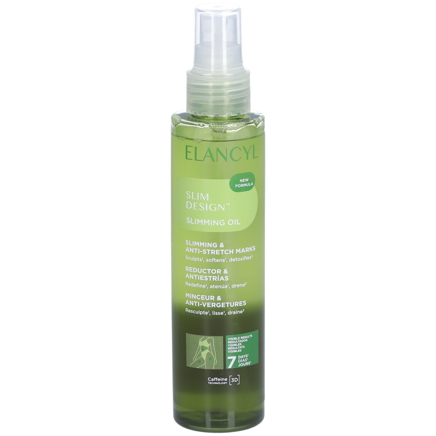 Rückansicht der grünen Sprühflasche ELANCYL Slim Design. Etikett mit Produktinformationen und Barcode.