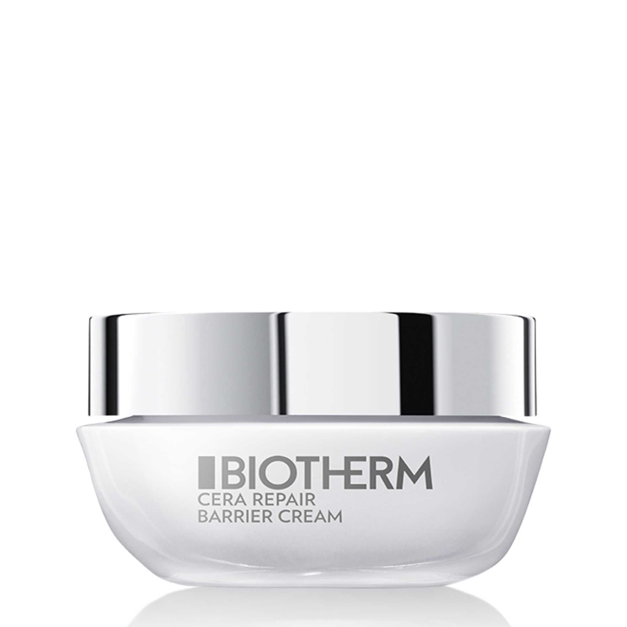 Pot de crème blanc avec couvercle argenté. Inscription BIOTHERM Cera Repair Barrier Cream.